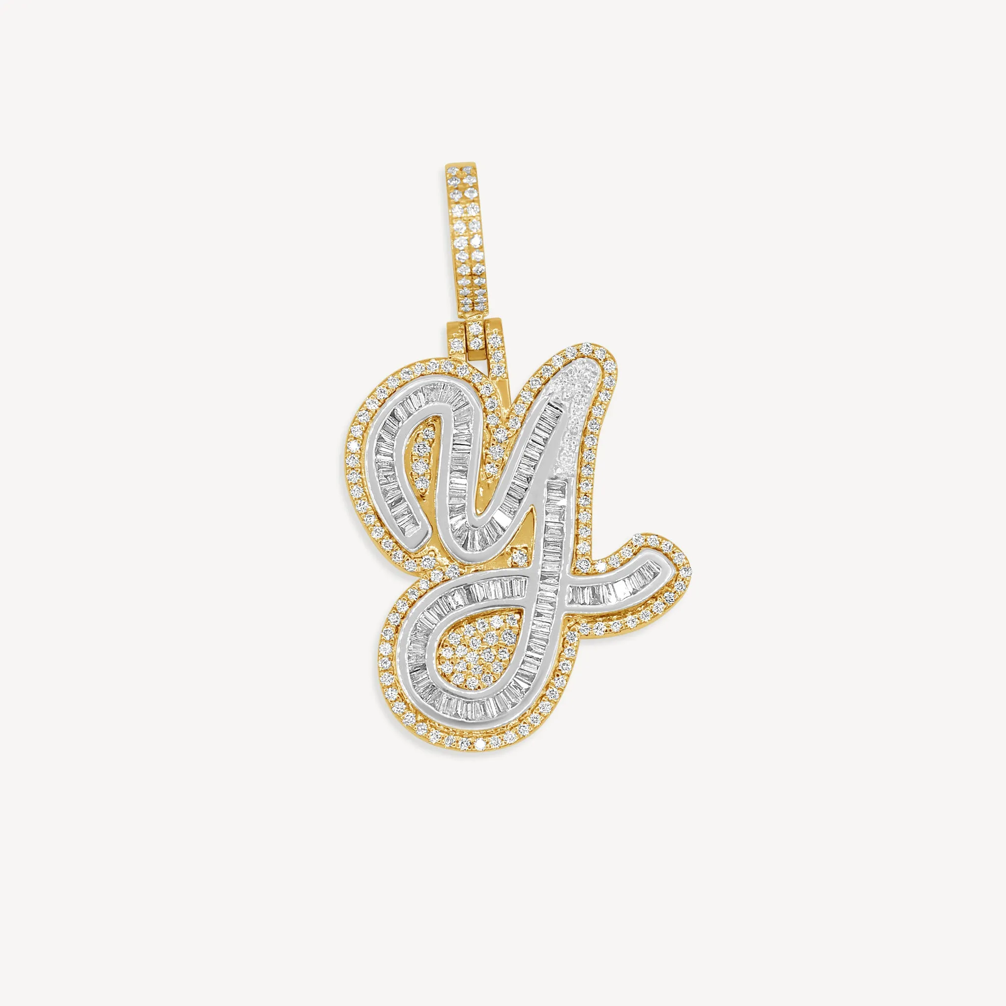 10k Gold Single Cursive Baguette Diamond Initial Letter