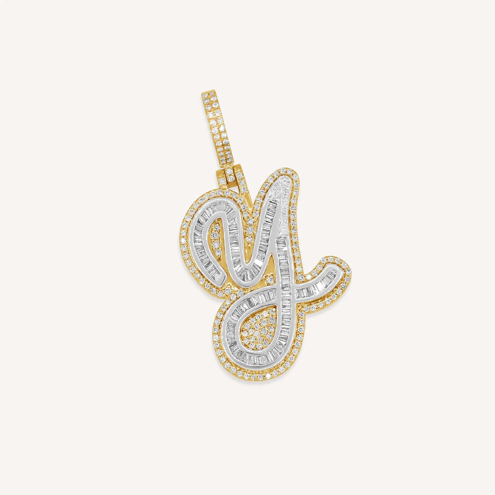 10k Gold Single Cursive Baguette Diamond Initial Letter