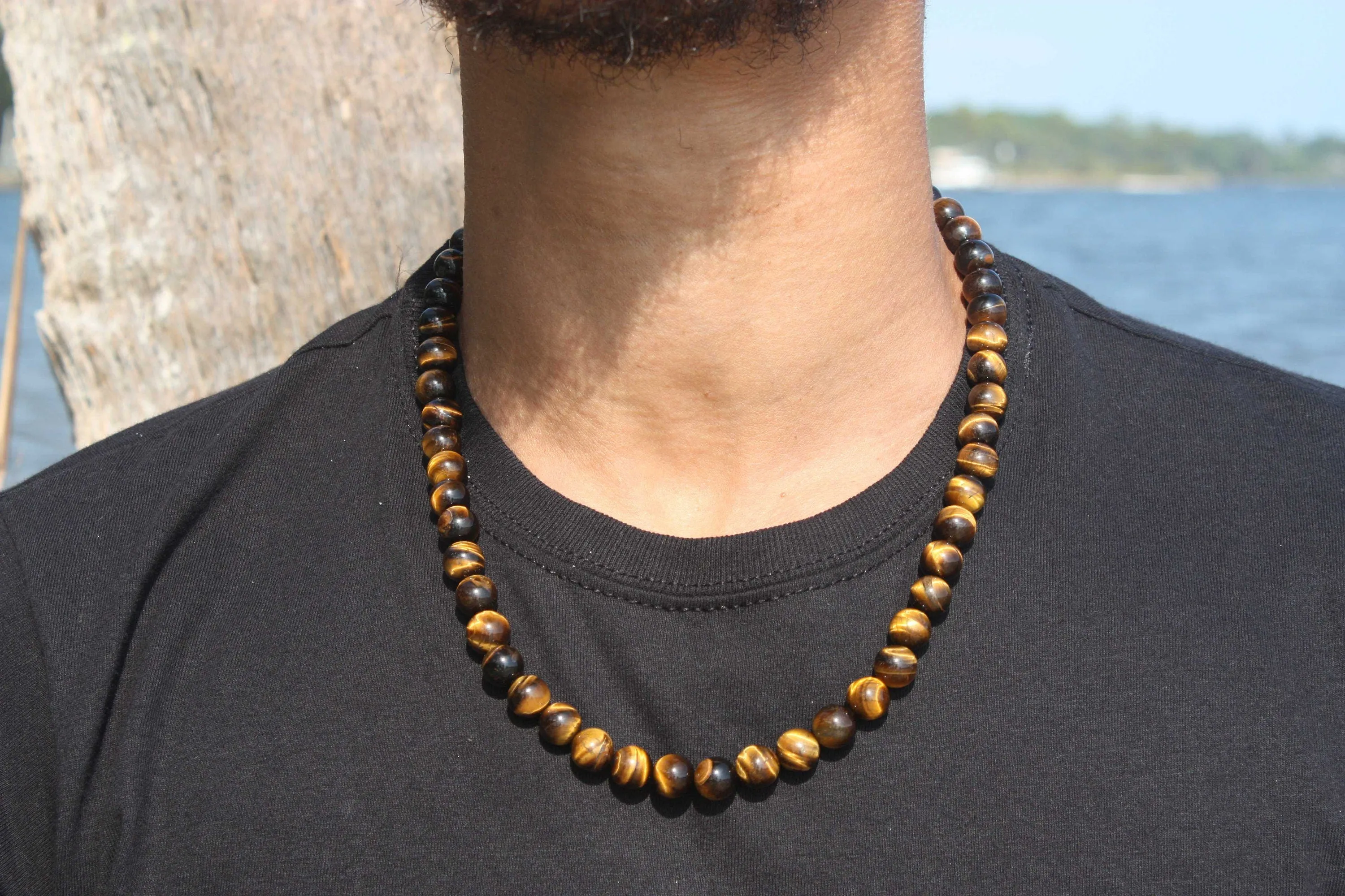 10mmTiger Eye Necklace - Mens Necklace - Beaded Necklace - Tribal Necklace - Good Luck - Confidence Gemstone Jewelry for Men/Wom