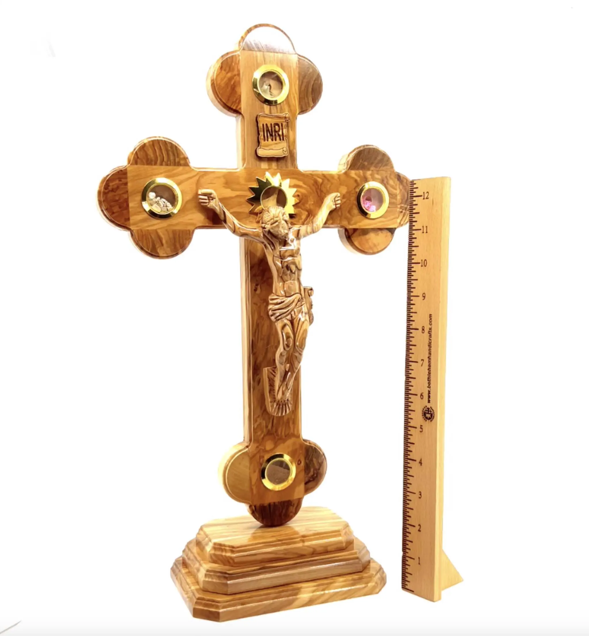 13.8 Standing Crucifix with 2.5 Base, Carved Corpus and 5 Holy Land Souvenirs