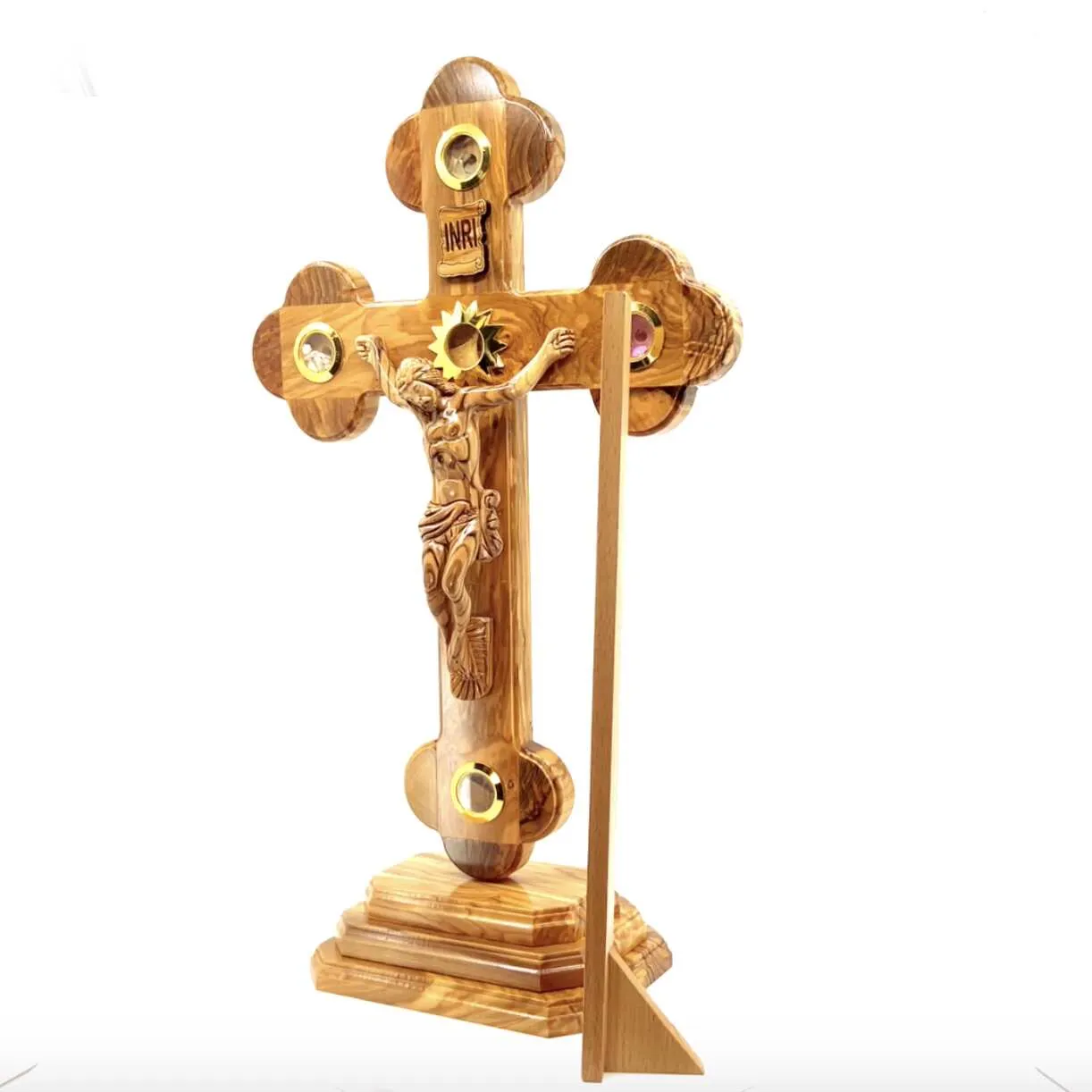 13.8 Standing Crucifix with 2.5 Base, Carved Corpus and 5 Holy Land Souvenirs