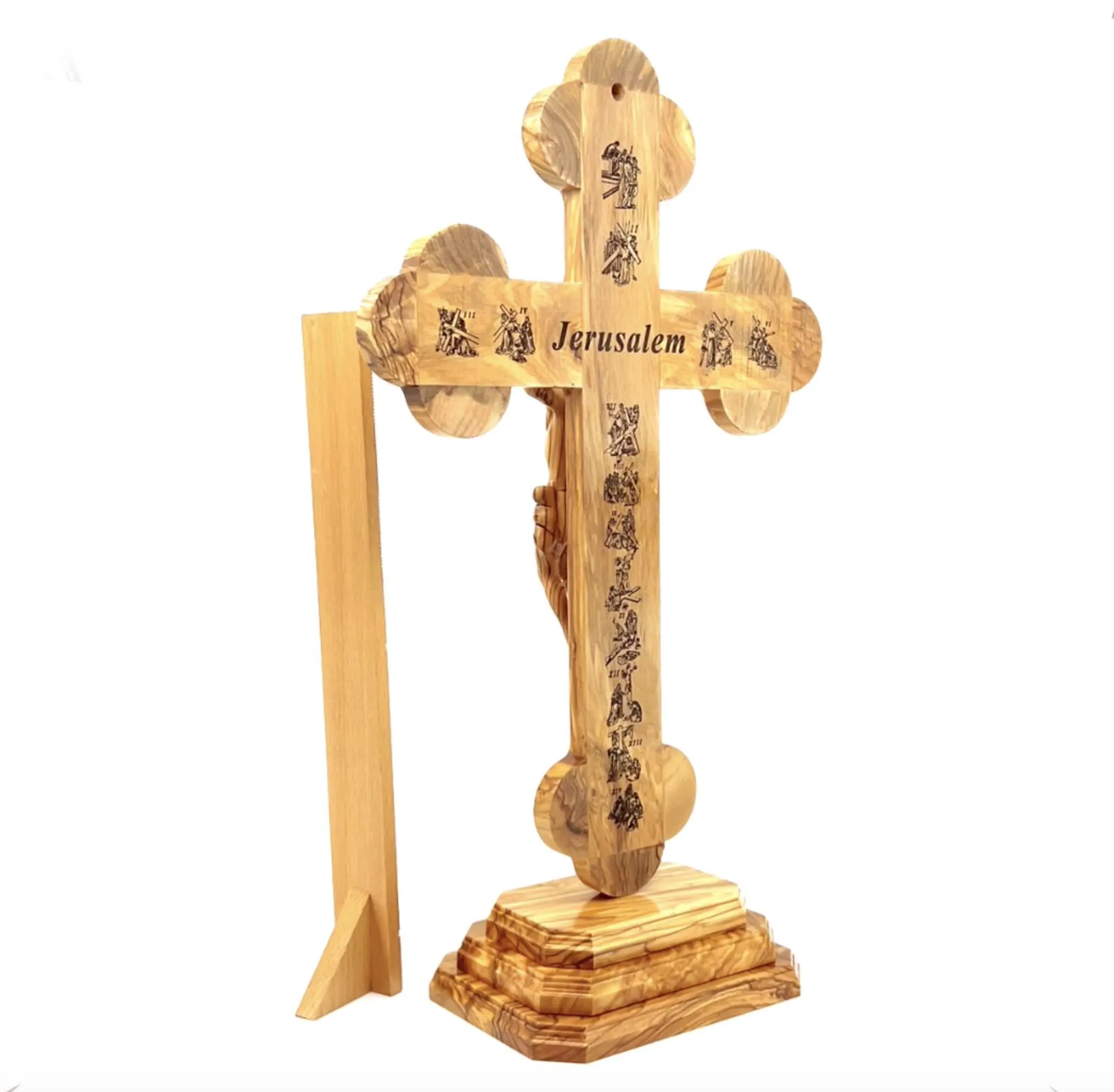 13.8 Standing Crucifix with 2.5 Base, Carved Corpus and 5 Holy Land Souvenirs