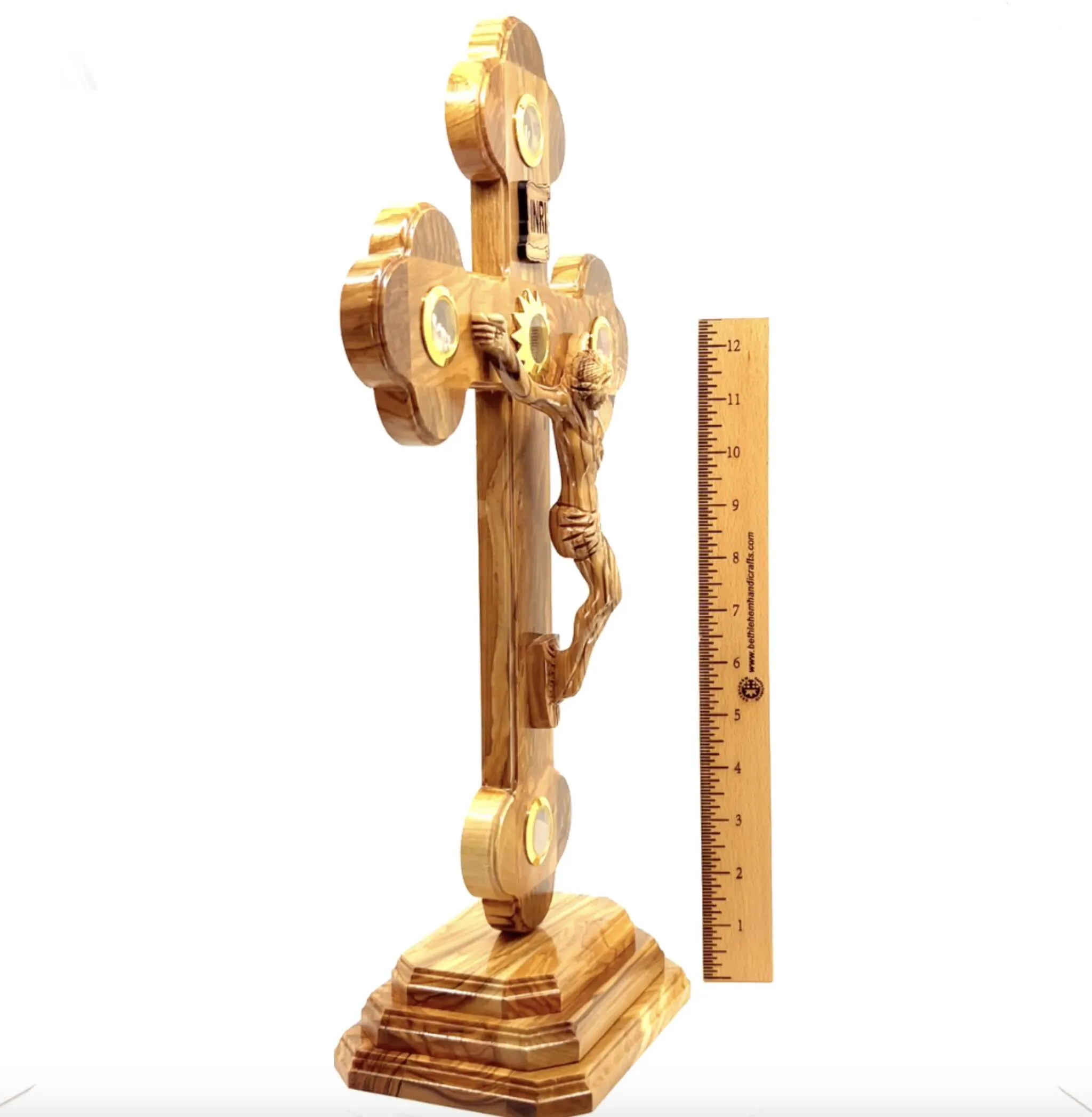 13.8 Standing Crucifix with 2.5 Base, Carved Corpus and 5 Holy Land Souvenirs