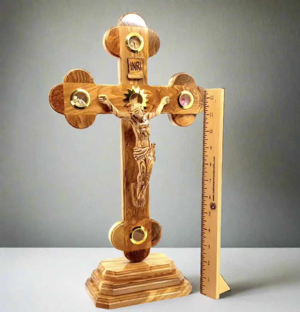 13.8 Standing Crucifix with 2.5 Base, Carved Corpus and 5 Holy Land Souvenirs