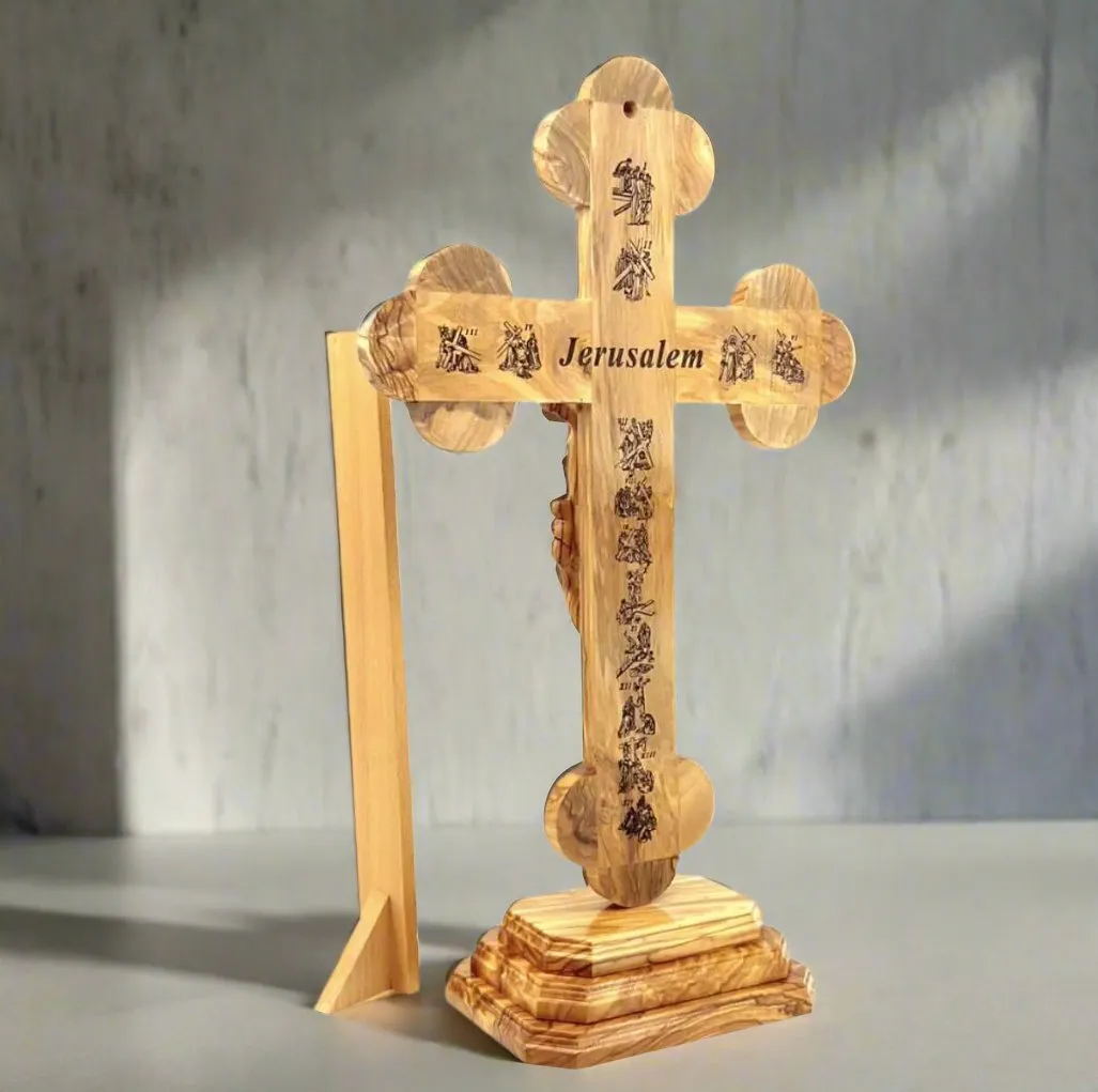 13.8 Standing Crucifix with 2.5 Base, Carved Corpus and 5 Holy Land Souvenirs