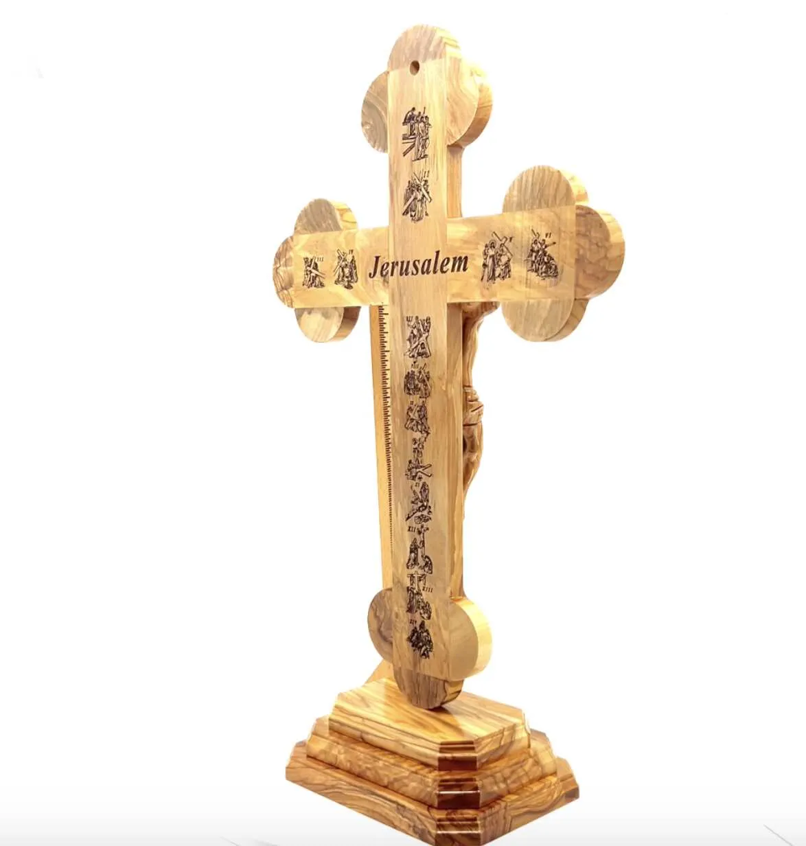 13.8 Standing Crucifix with 2.5 Base, Carved Corpus and 5 Holy Land Souvenirs