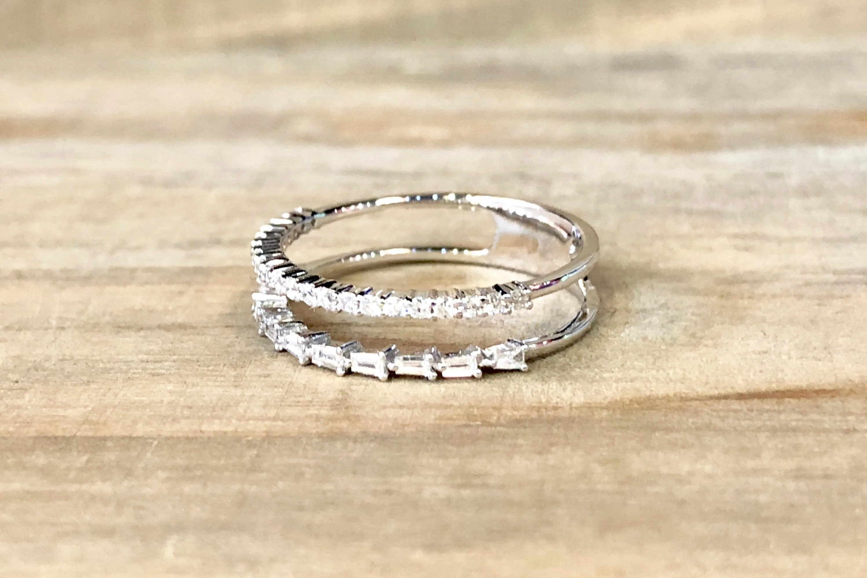 14k White Gold Diamond Baguette and Round 2 Row Ring Band Stackable