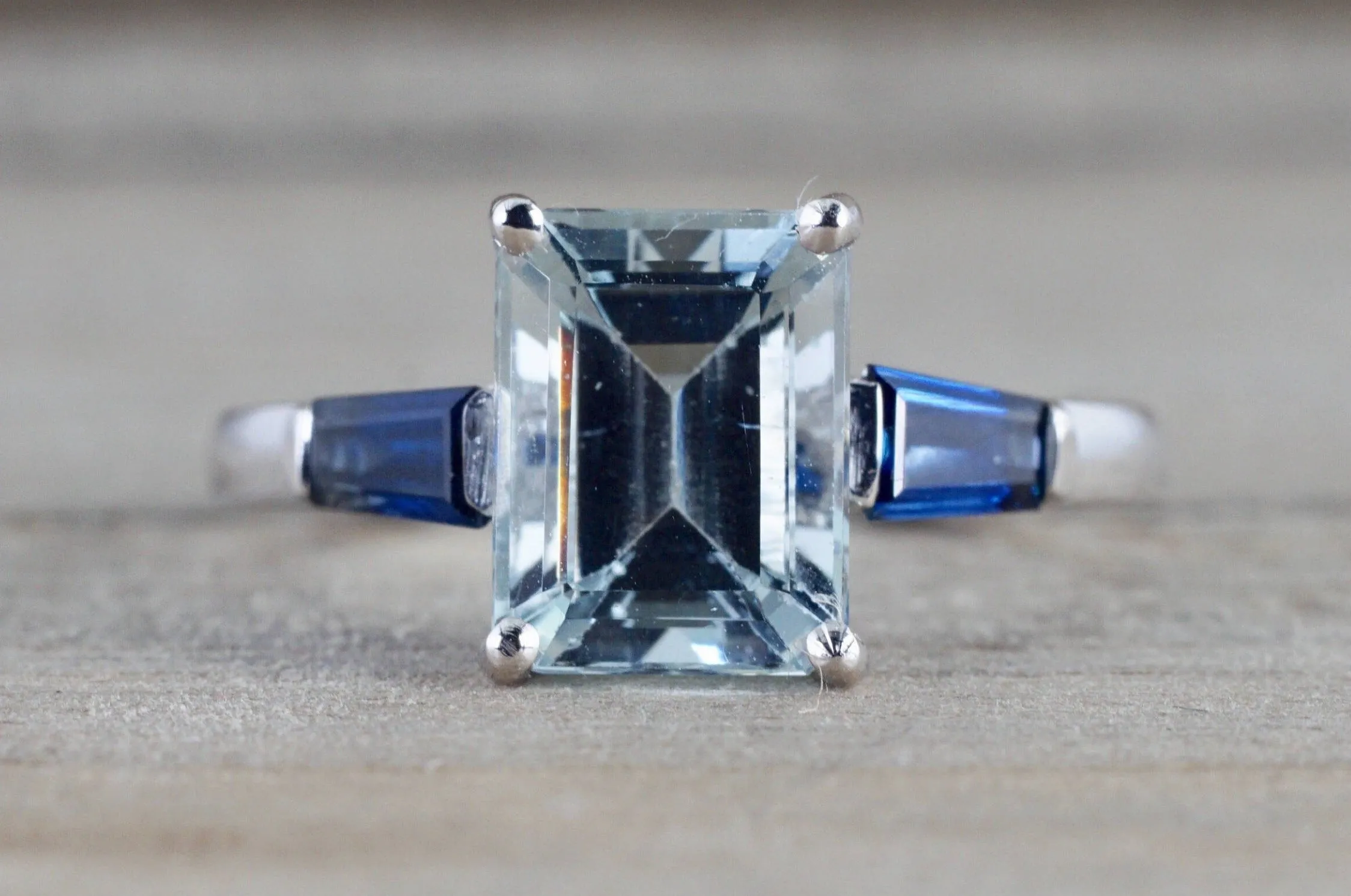 14k White gold Emerald Aquamarine with Blue Sapphire Baguette Future Past Present Engagement Ring