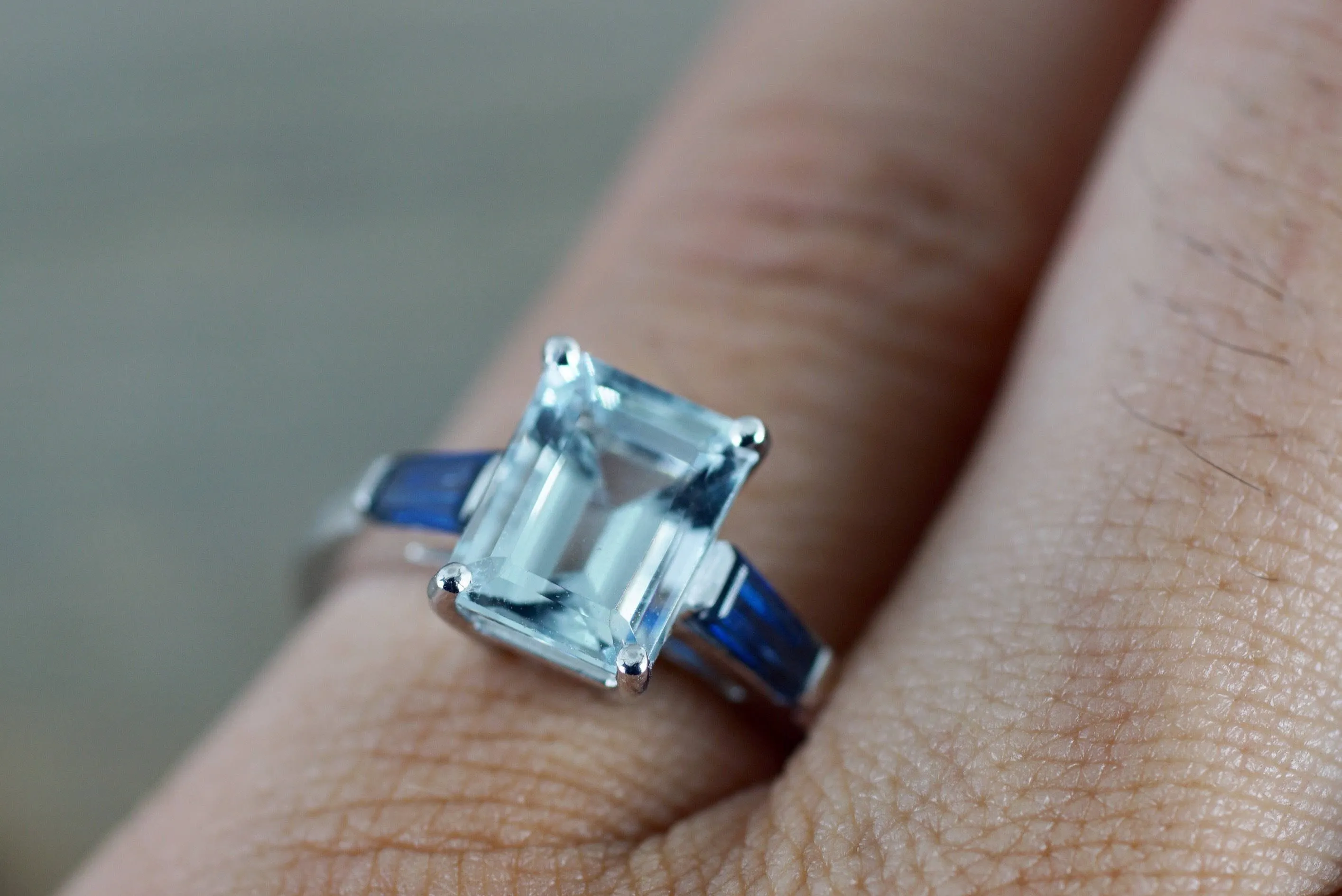 14k White gold Emerald Aquamarine with Blue Sapphire Baguette Future Past Present Engagement Ring