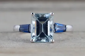 14k White gold Emerald Aquamarine with Blue Sapphire Baguette Future Past Present Engagement Ring