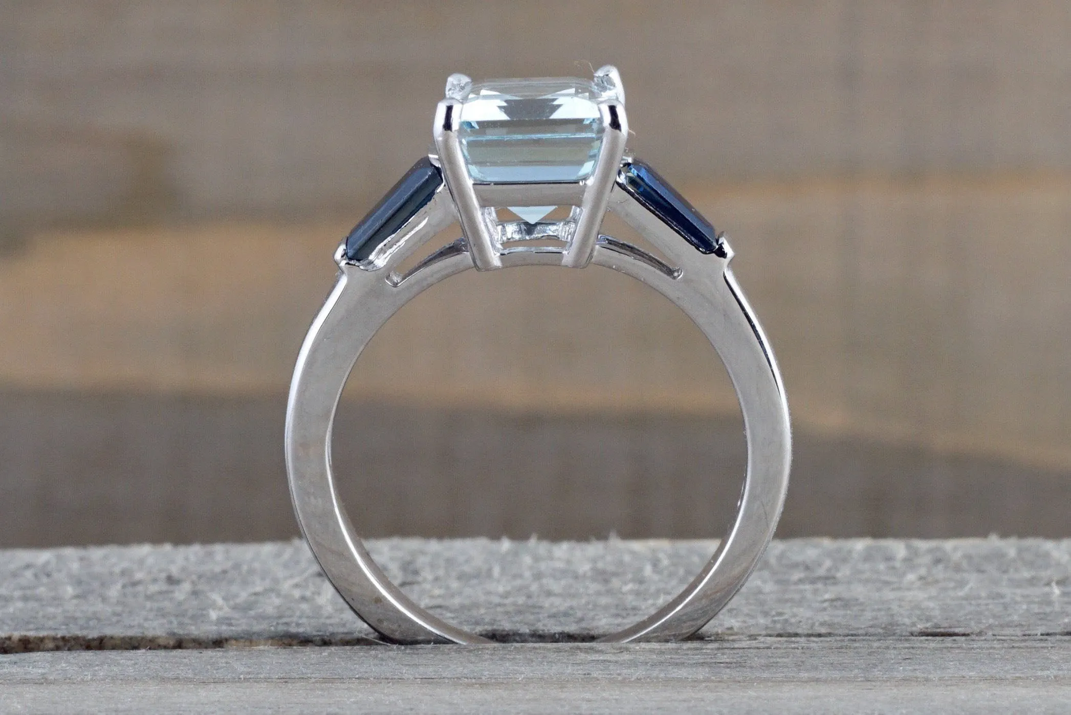 14k White gold Emerald Aquamarine with Blue Sapphire Baguette Future Past Present Engagement Ring