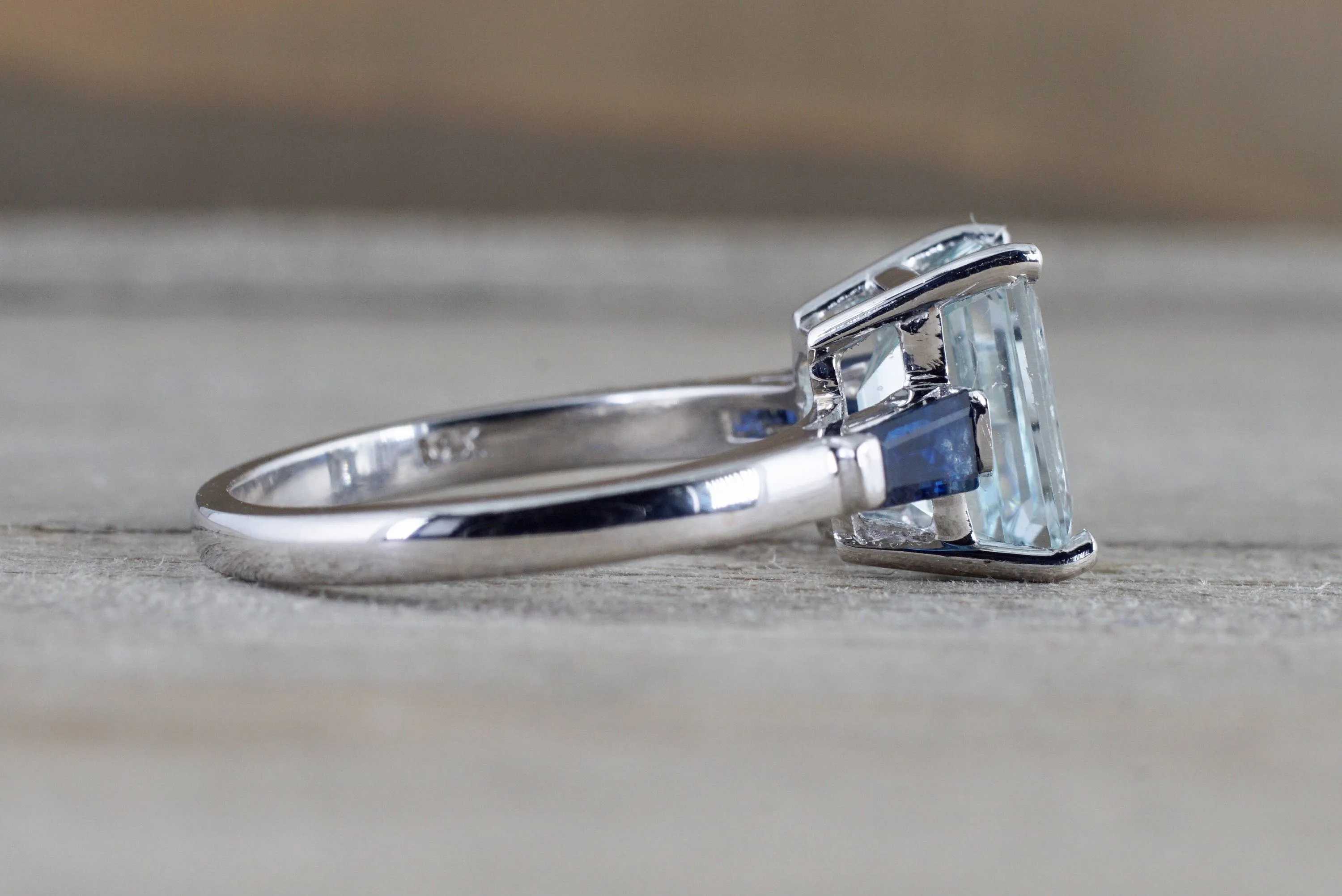 14k White gold Emerald Aquamarine with Blue Sapphire Baguette Future Past Present Engagement Ring