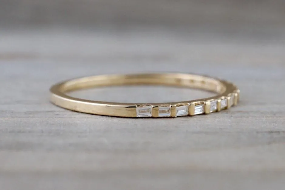 14k Yellow Gold Dainty Thin Channel Set Baguette Cut Rectangle Diamond Band Stackable Design