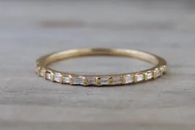 14k Yellow Gold Dainty Thin Channel Set Baguette Cut Rectangle Diamond Band Stackable Design