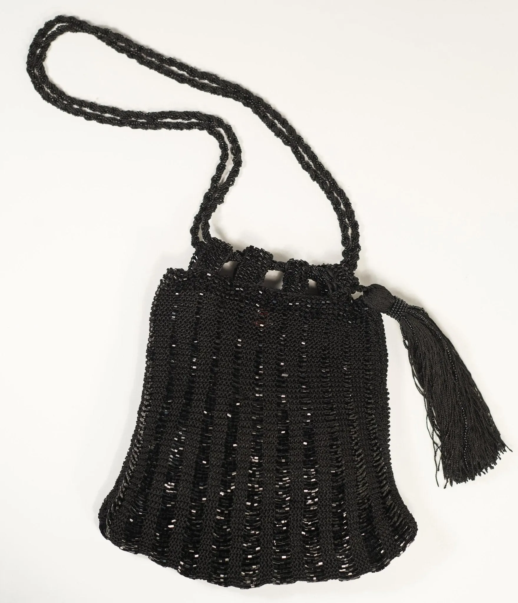 1920s Style Black Beaded & Crochet Tassel Purse