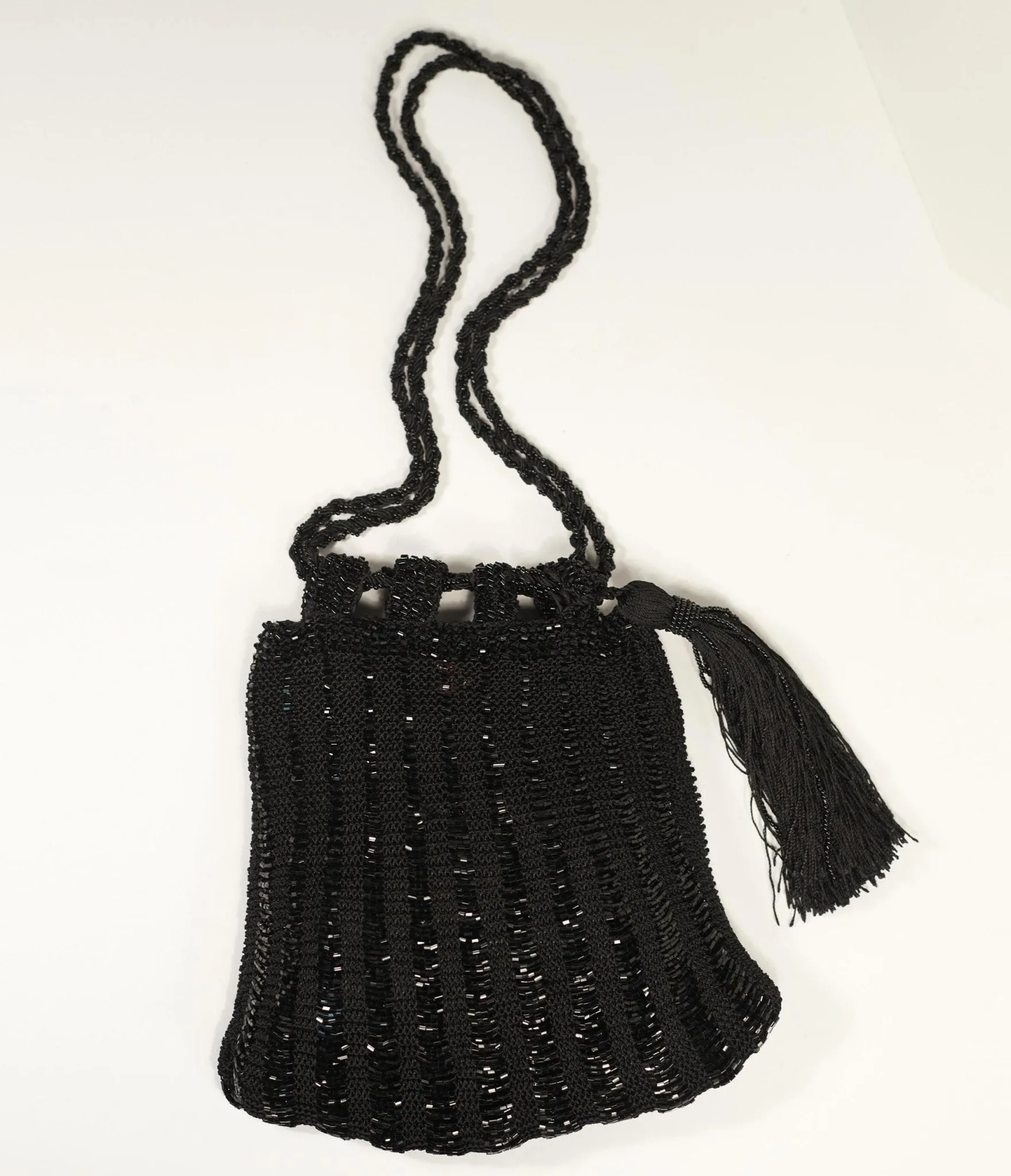 1920s Style Black Beaded & Crochet Tassel Purse