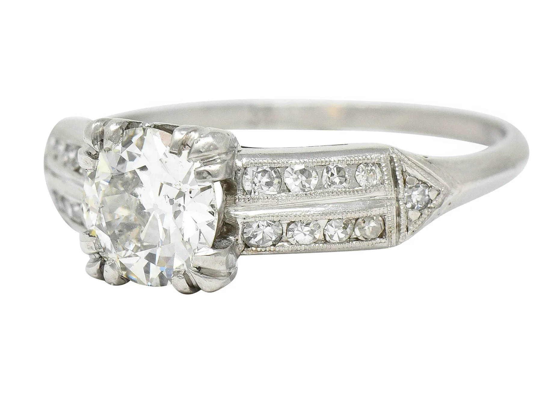 1950's Mid-Century 1.37 CTW Diamond Platinum Pointed Shoulder Vintage Engagement Ring GIA