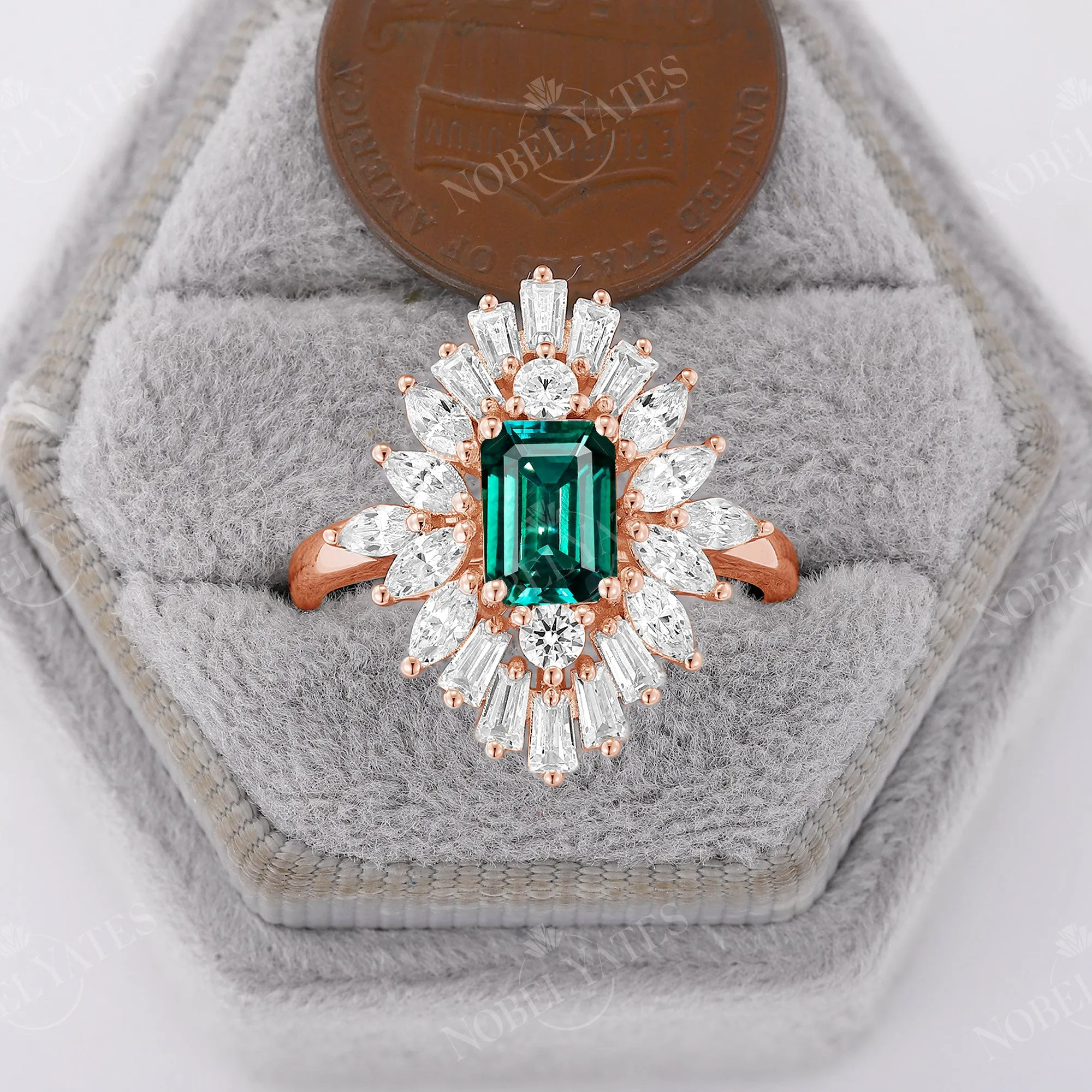 Art Deco Lab Emerald Engagement Ring Baguette Halo Rose Gold