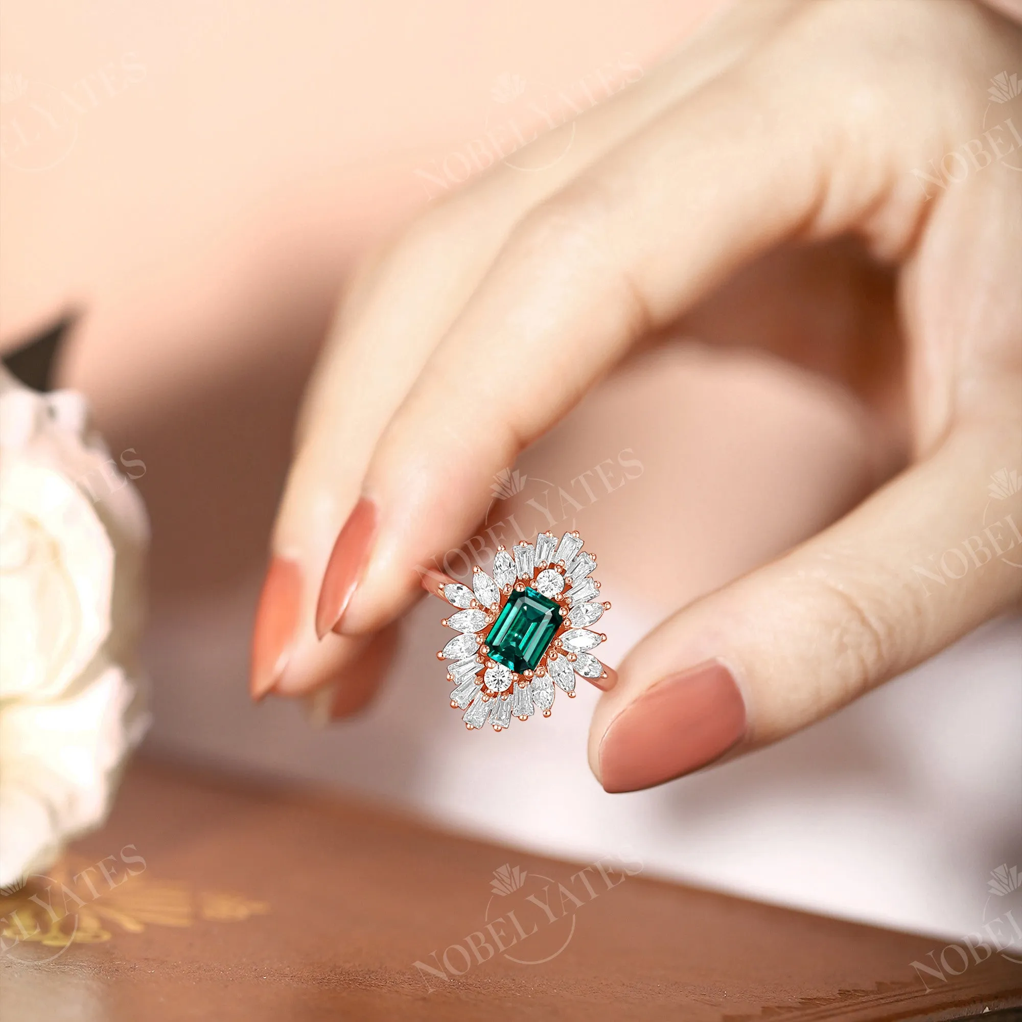 Art Deco Lab Emerald Engagement Ring Baguette Halo Rose Gold