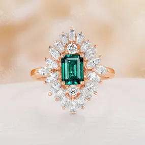 Art Deco Lab Emerald Engagement Ring Baguette Halo Rose Gold