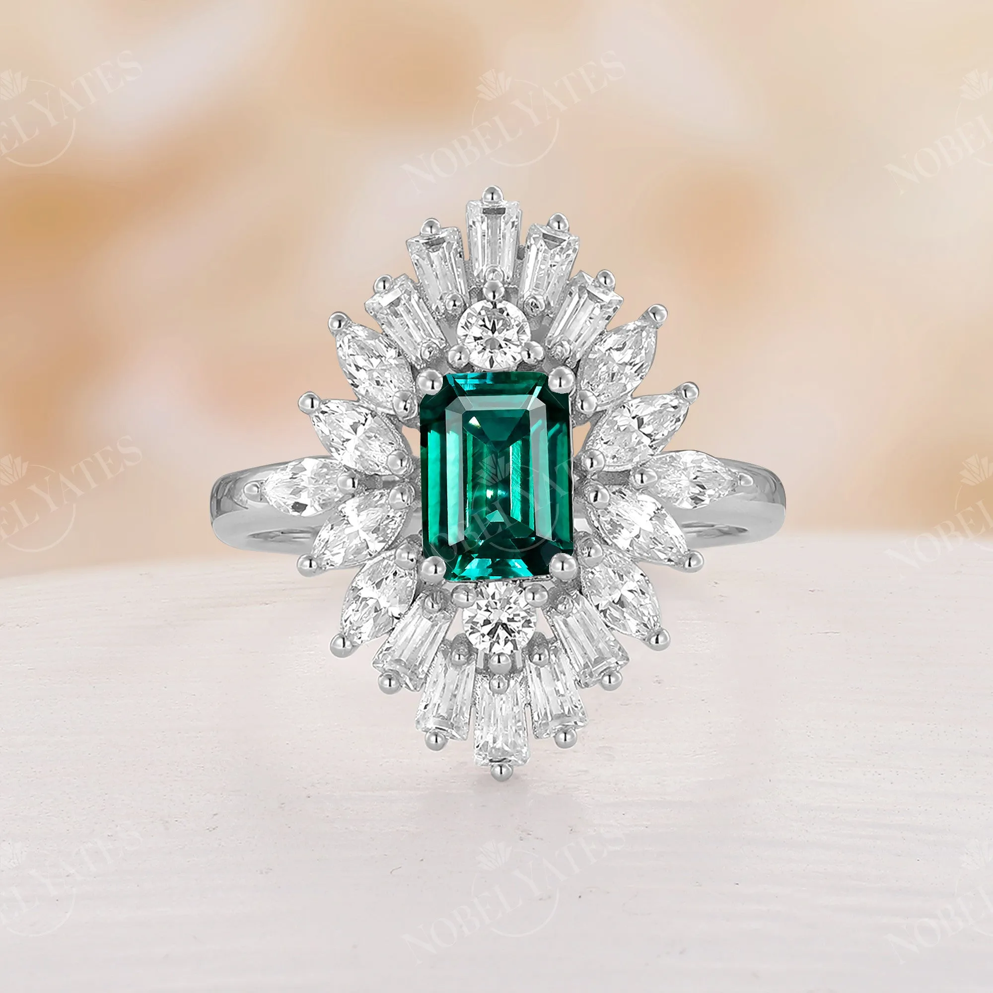 Art Deco Lab Emerald Engagement Ring Baguette Halo Rose Gold