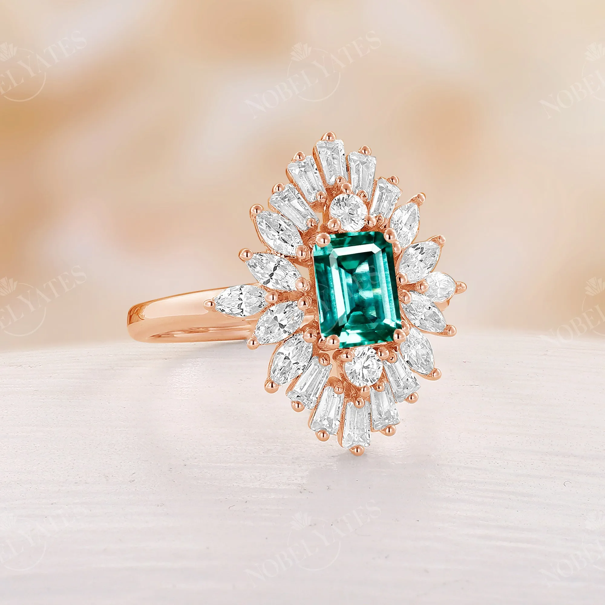 Art Deco Lab Emerald Engagement Ring Baguette Halo Rose Gold