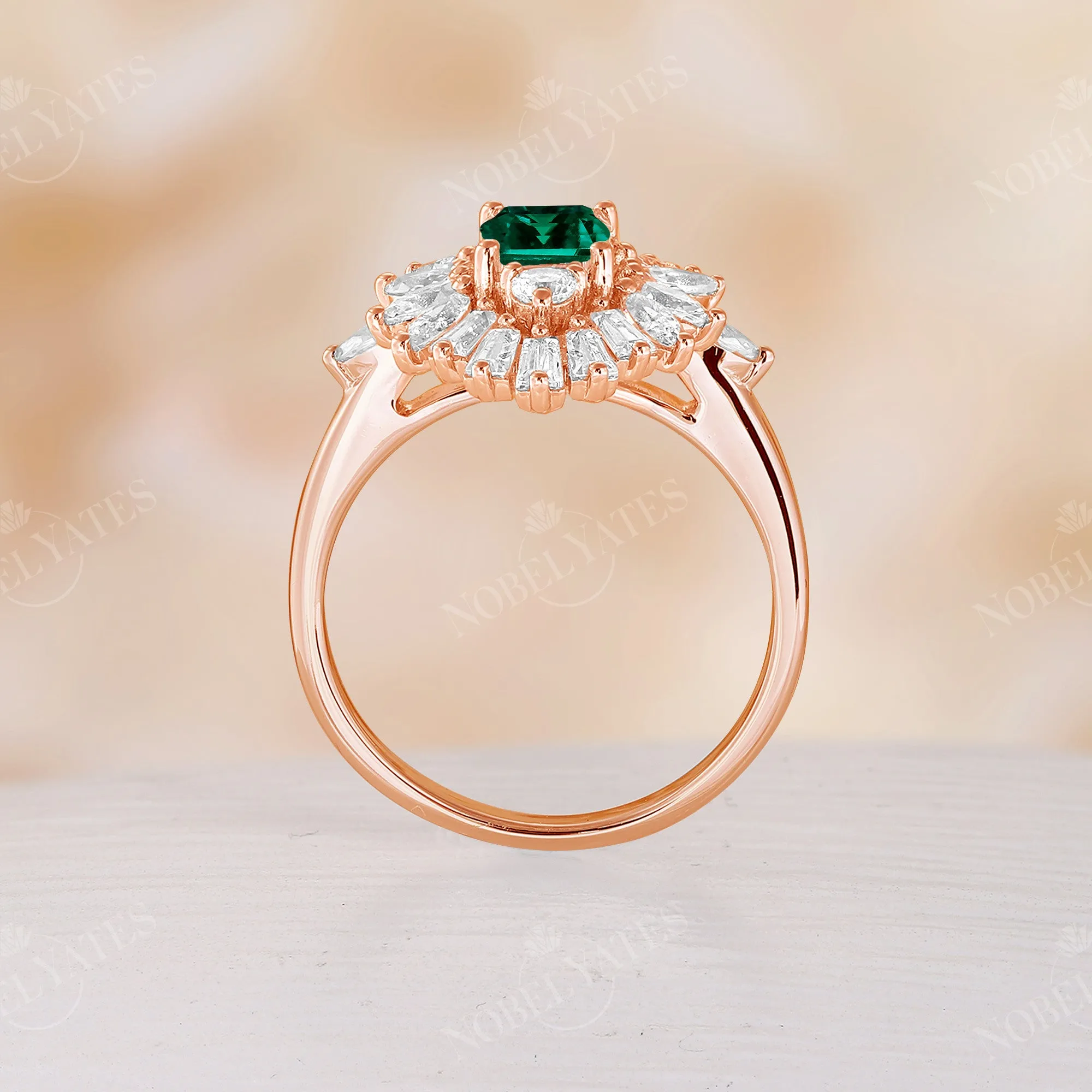 Art Deco Lab Emerald Engagement Ring Baguette Halo Rose Gold