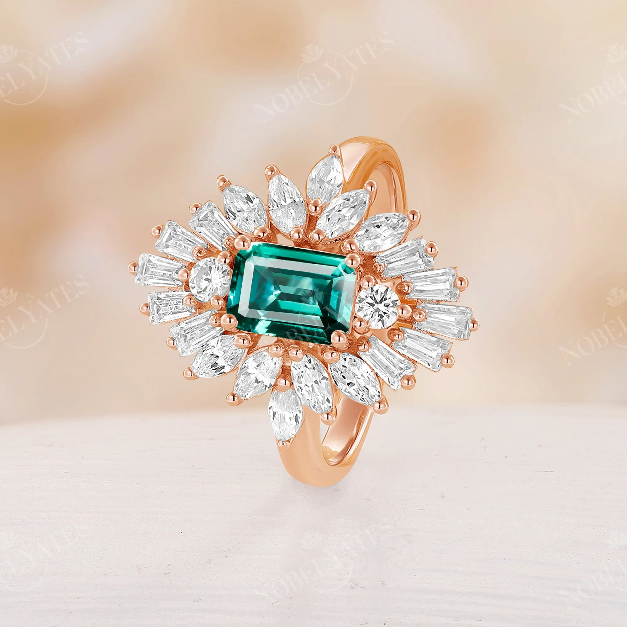 Art Deco Lab Emerald Engagement Ring Baguette Halo Rose Gold