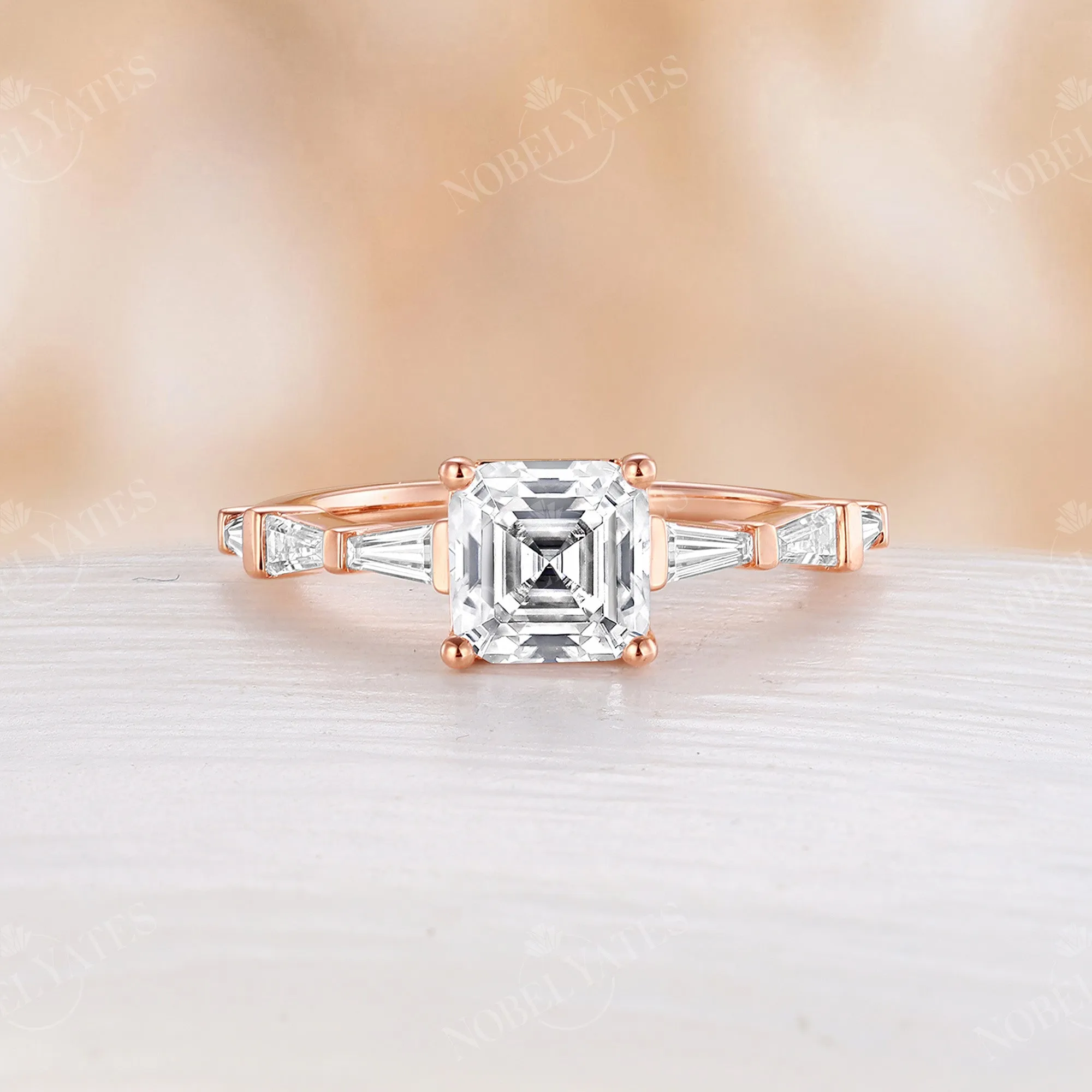 Asscher Cut Moissanite Baguette Side Stones Engagement Ring