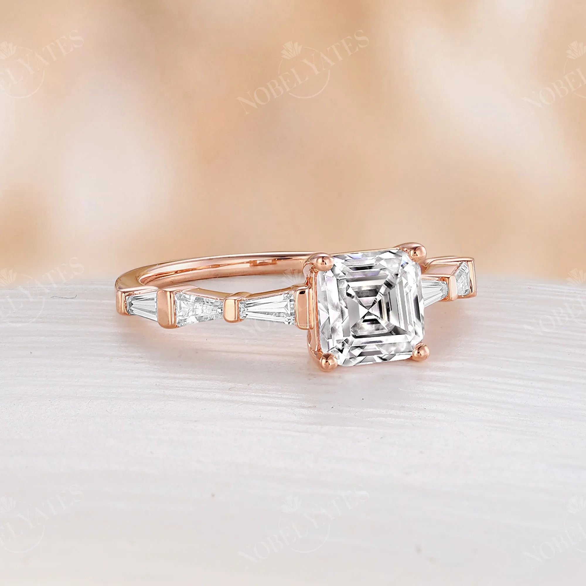 Asscher Cut Moissanite Baguette Side Stones Engagement Ring