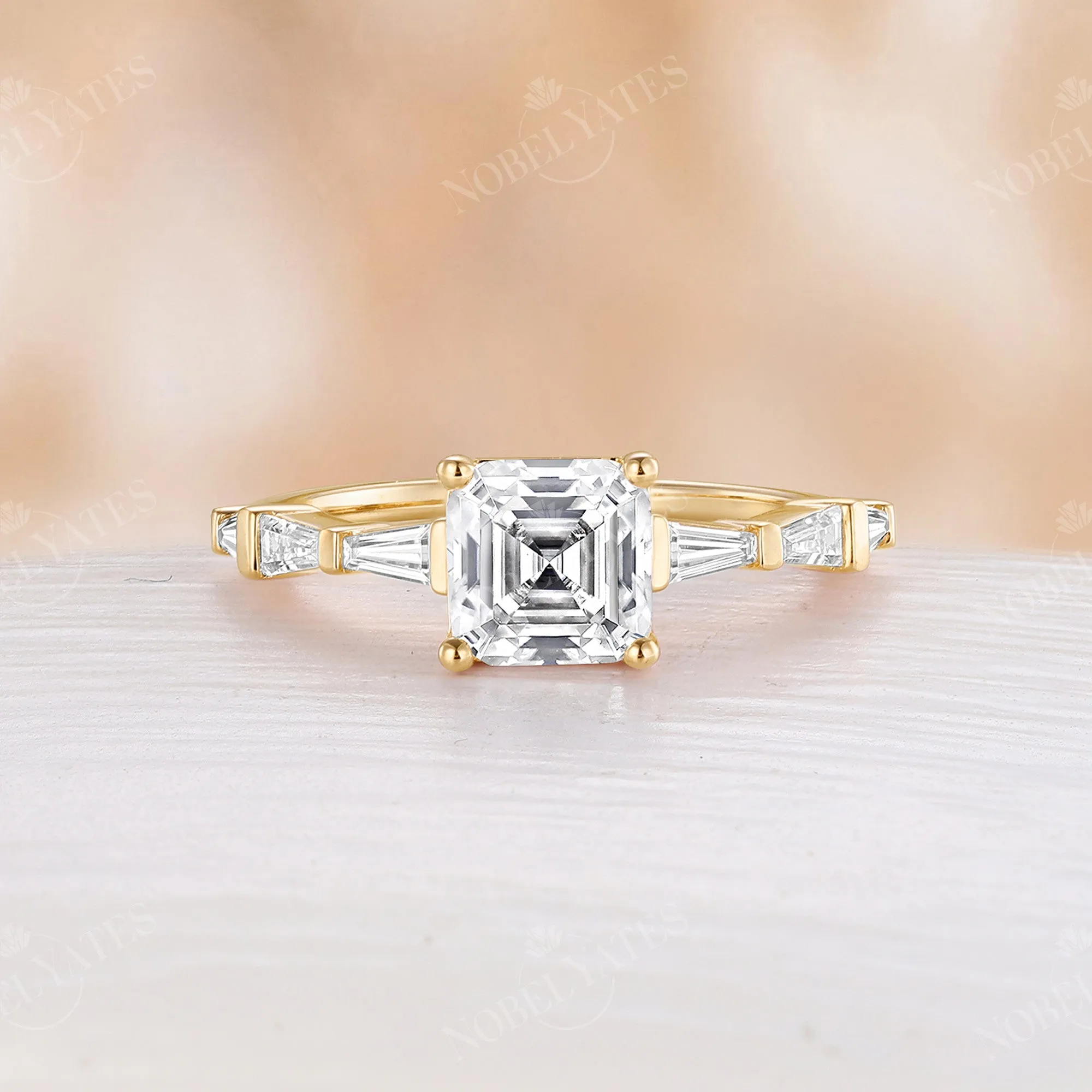 Asscher Cut Moissanite Baguette Side Stones Engagement Ring