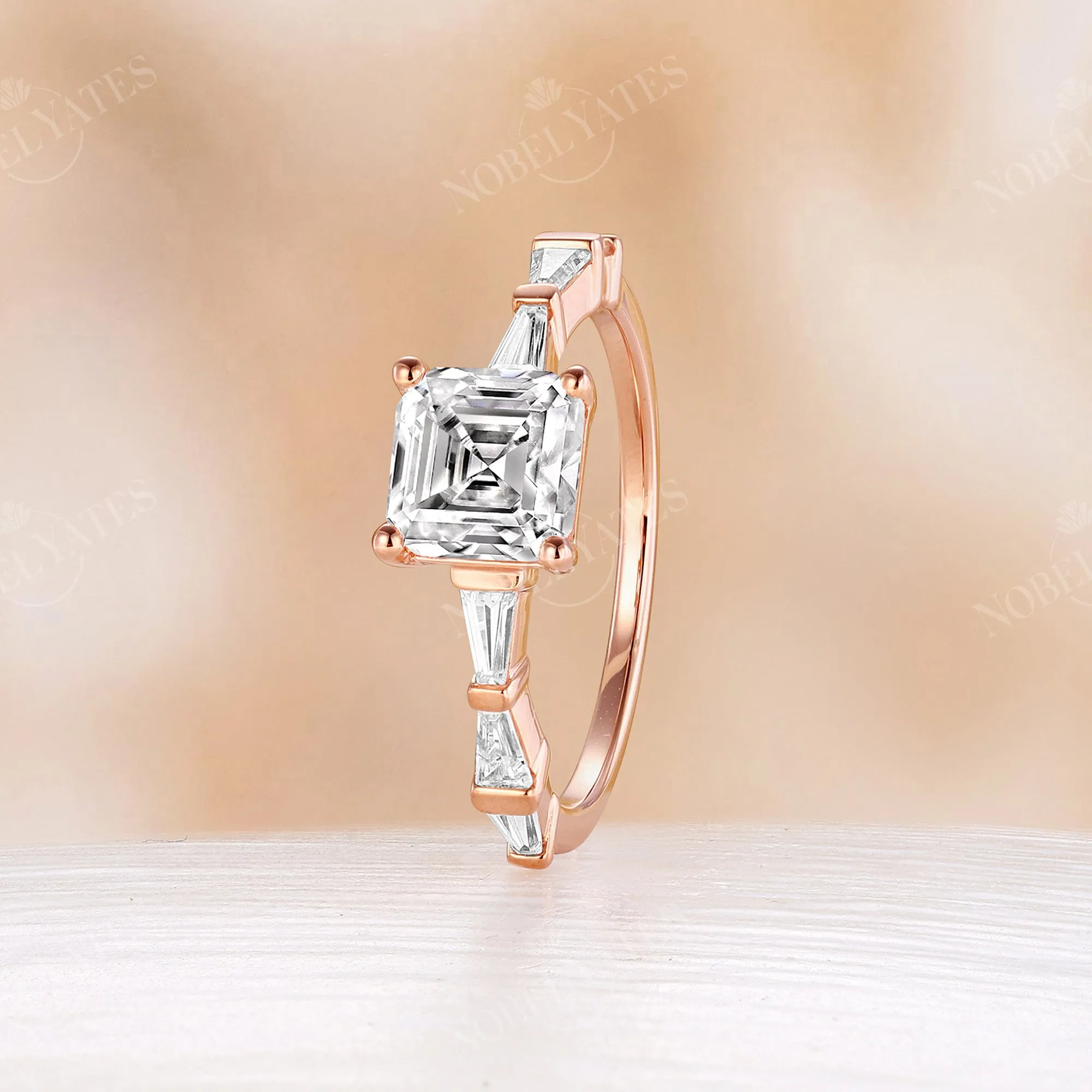 Asscher Cut Moissanite Baguette Side Stones Engagement Ring