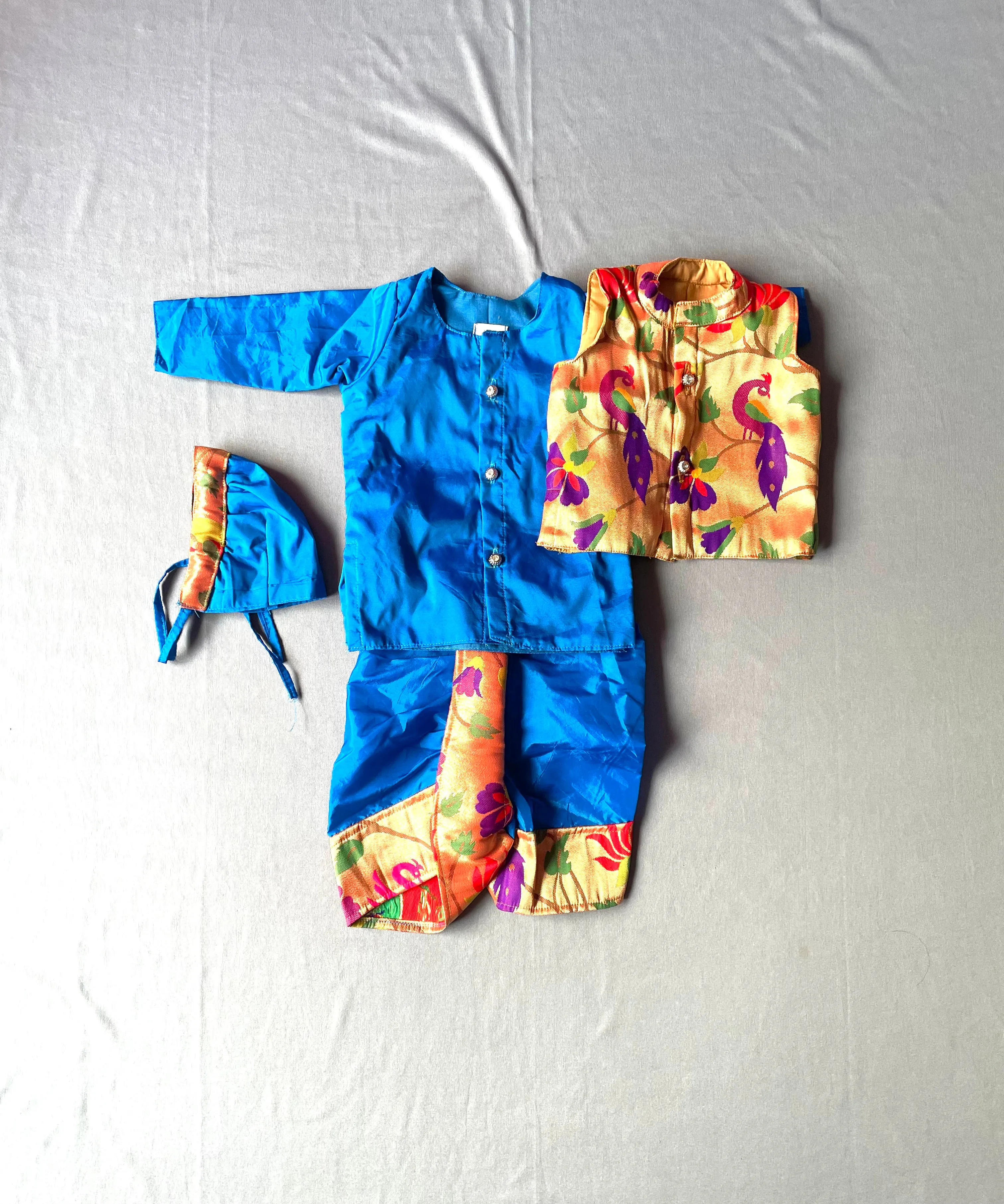 Baby boy set- premium blue paithani kurta and jacket set with topra