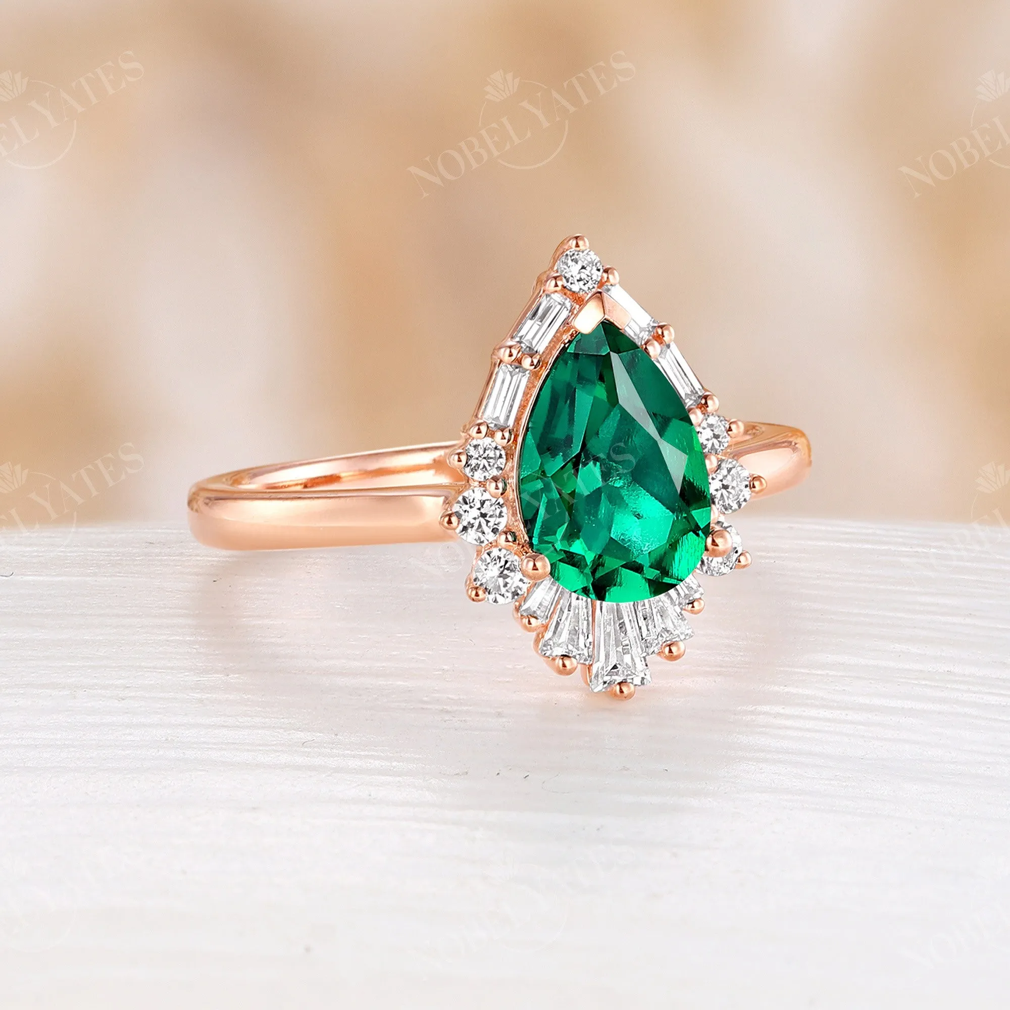 Baguette Art deco Halo Lab Emerald Engagement Ring Pear Cut