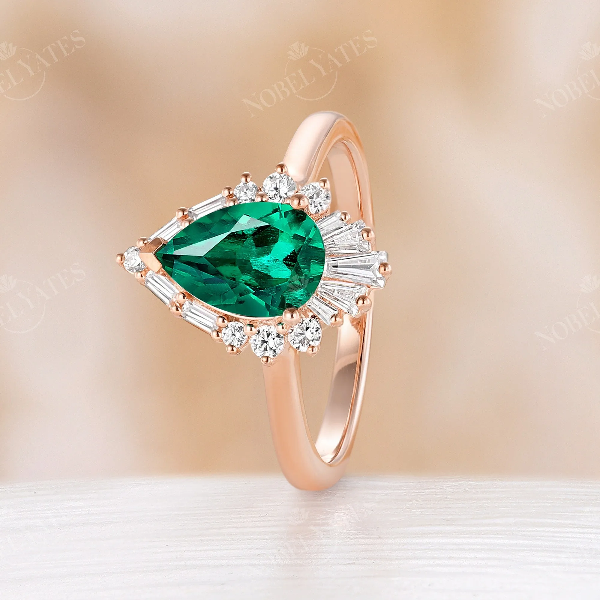 Baguette Art deco Halo Lab Emerald Engagement Ring Pear Cut