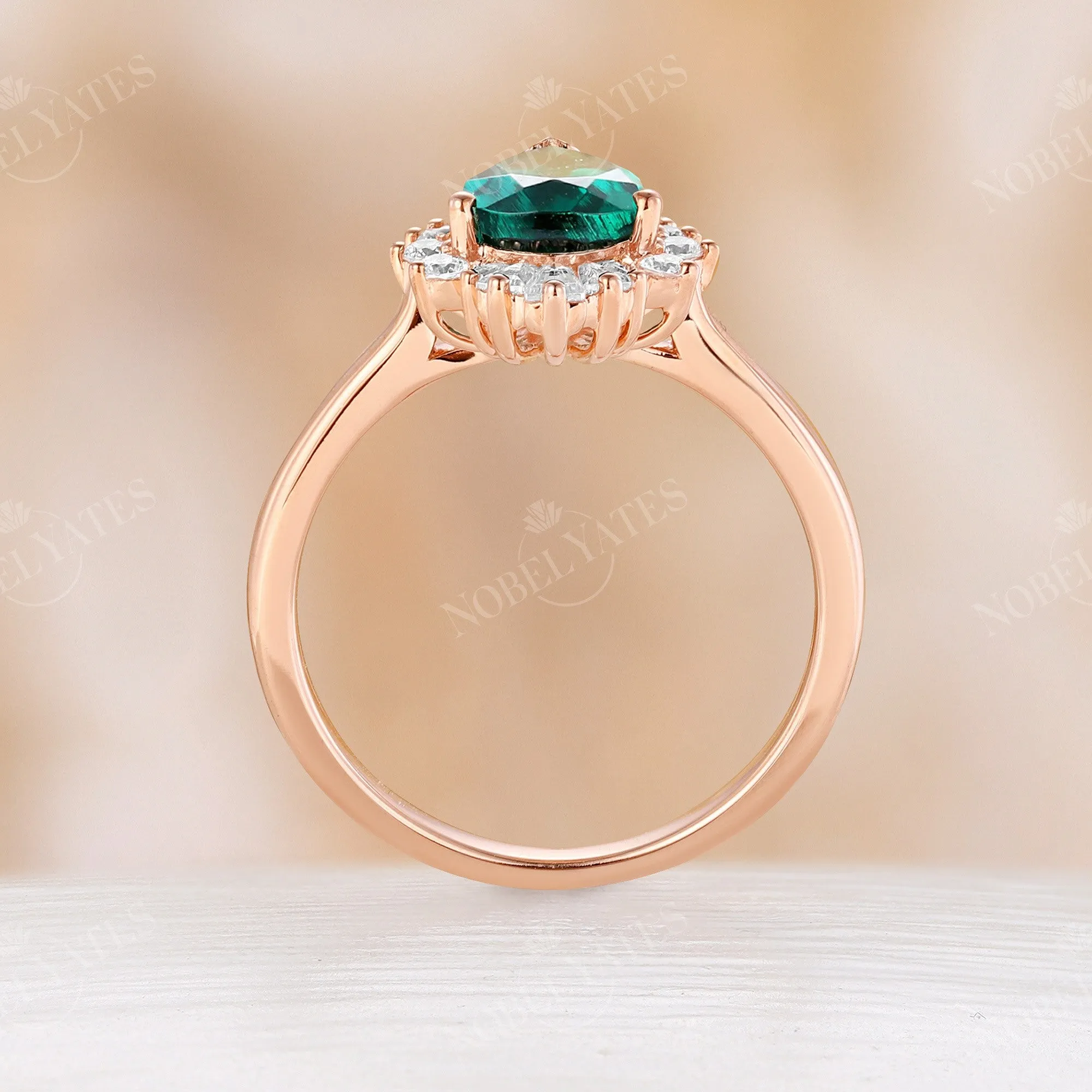 Baguette Art deco Halo Lab Emerald Engagement Ring Pear Cut