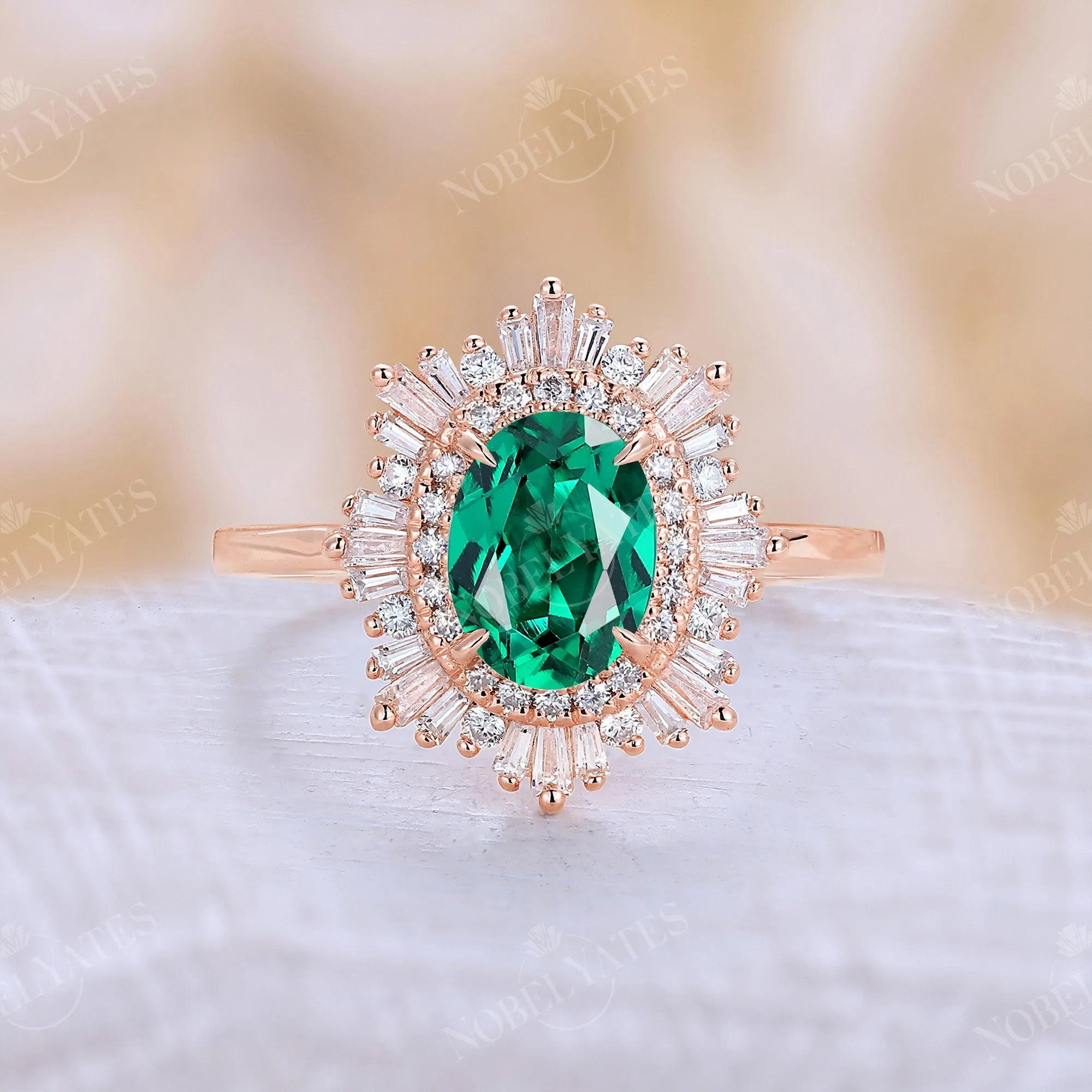 Baguette Art Deco Oval Lab Emerald Engagement Ring Rose Gold Double Halo