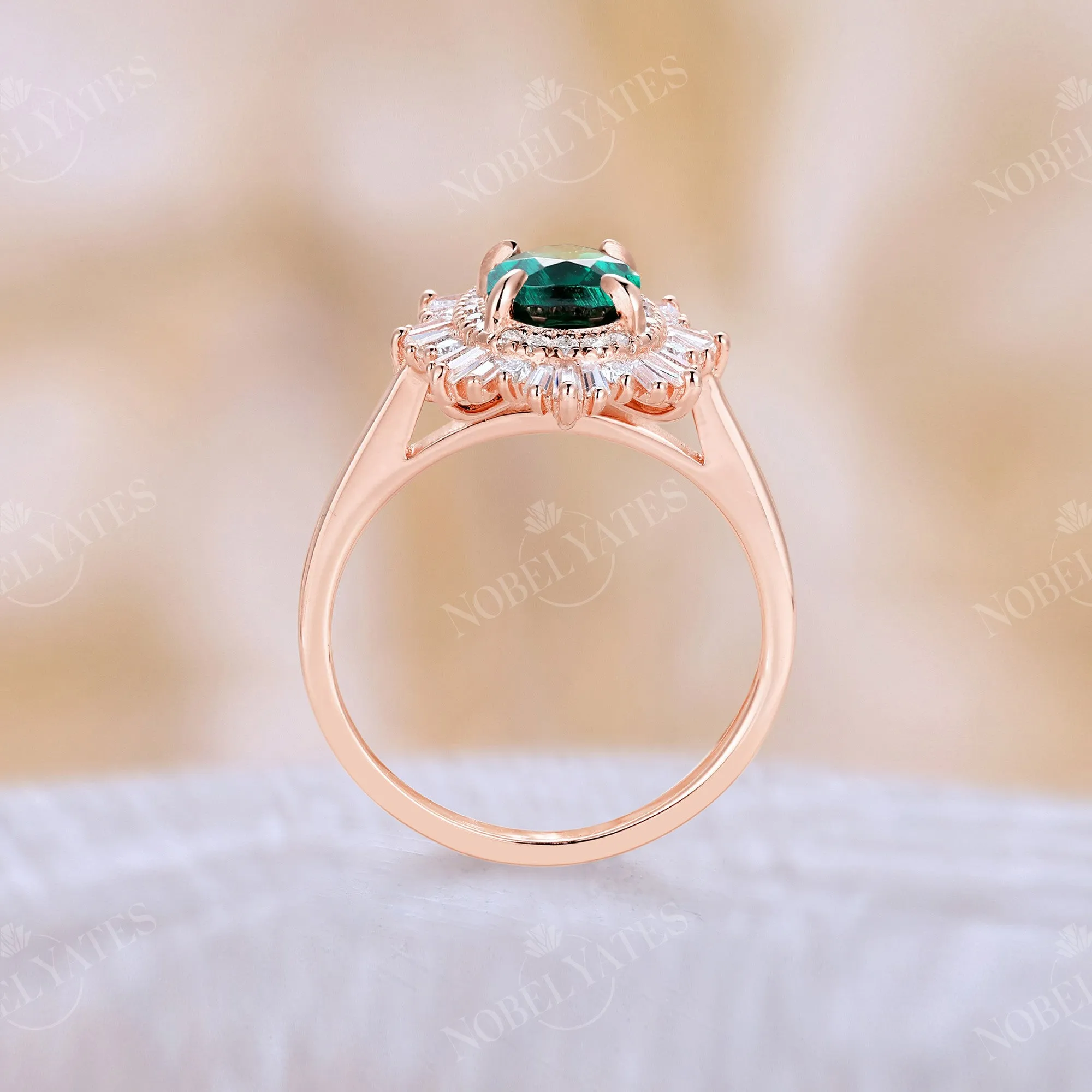 Baguette Art Deco Oval Lab Emerald Engagement Ring Rose Gold Double Halo