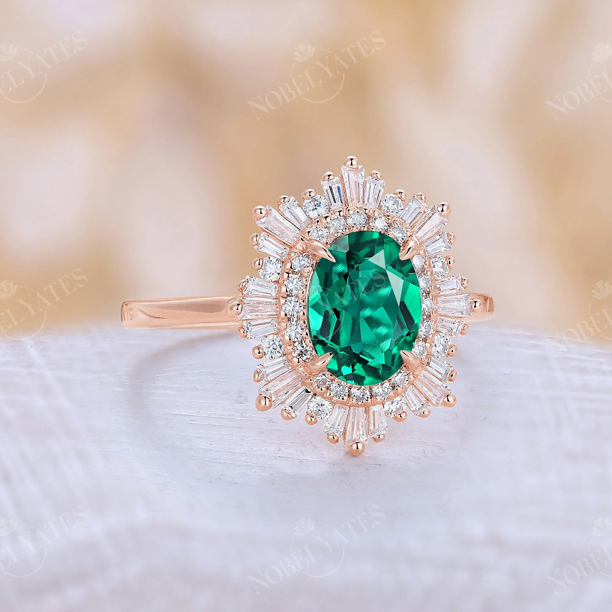 Baguette Art Deco Oval Lab Emerald Engagement Ring Rose Gold Double Halo