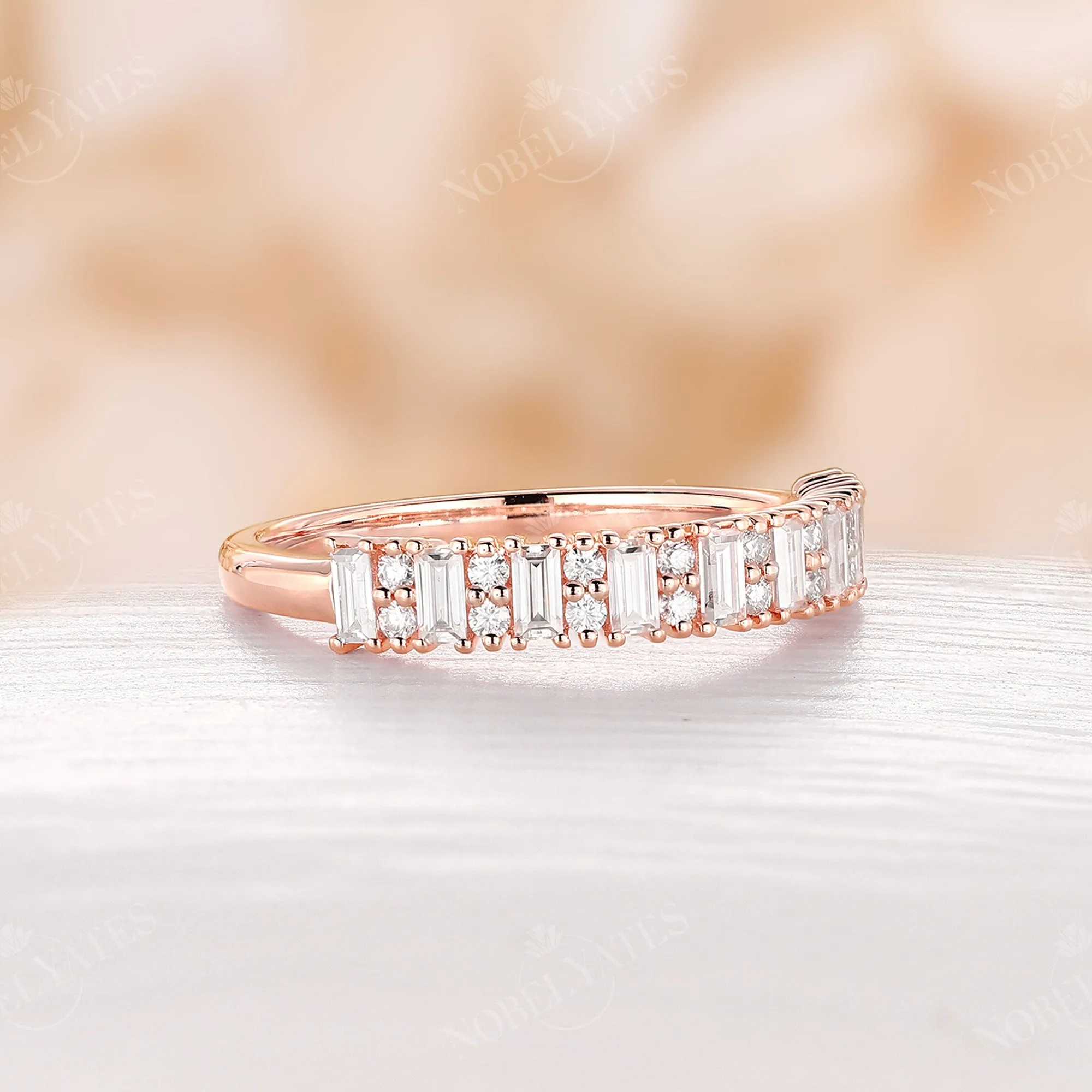 Baguette Moissanite Art Deco Rose Gold Cluster Wedding Band