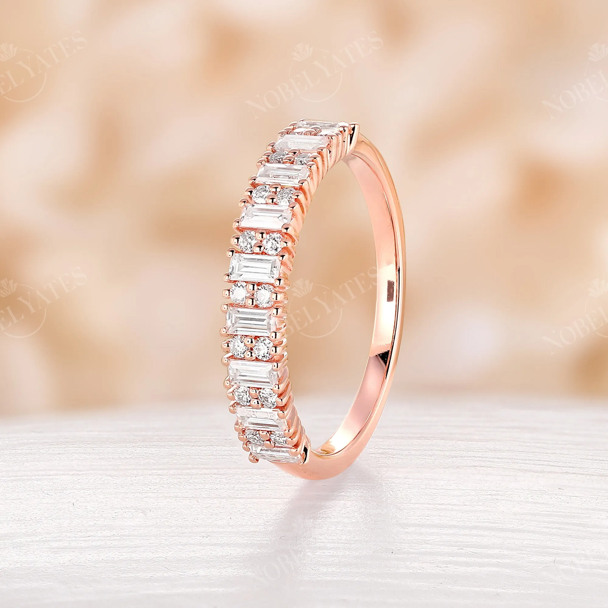 Baguette Moissanite Art Deco Rose Gold Cluster Wedding Band