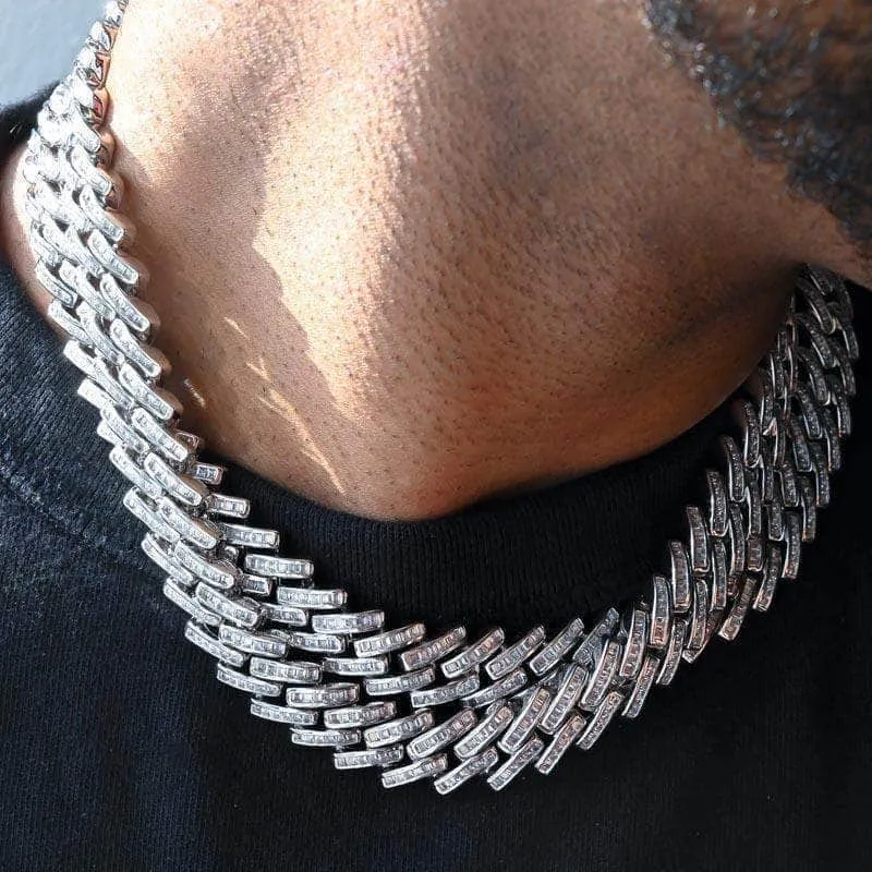 Baguette Prong Cuban Link Chain (12mm) in White Gold