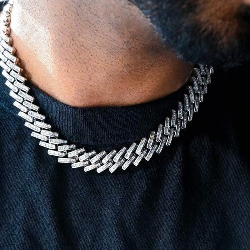 Baguette Prong Cuban Link Chain (12mm) in White Gold