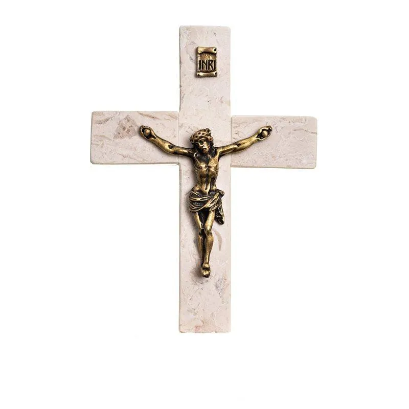 Bethlehem Stone Crucifix on Base with Bronze Pewter Corpus