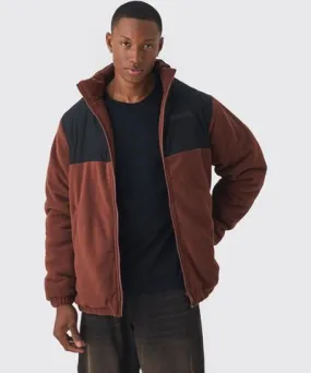 boohooMAN Mens Man Tab Colour Block Fleece Jacket In Brown