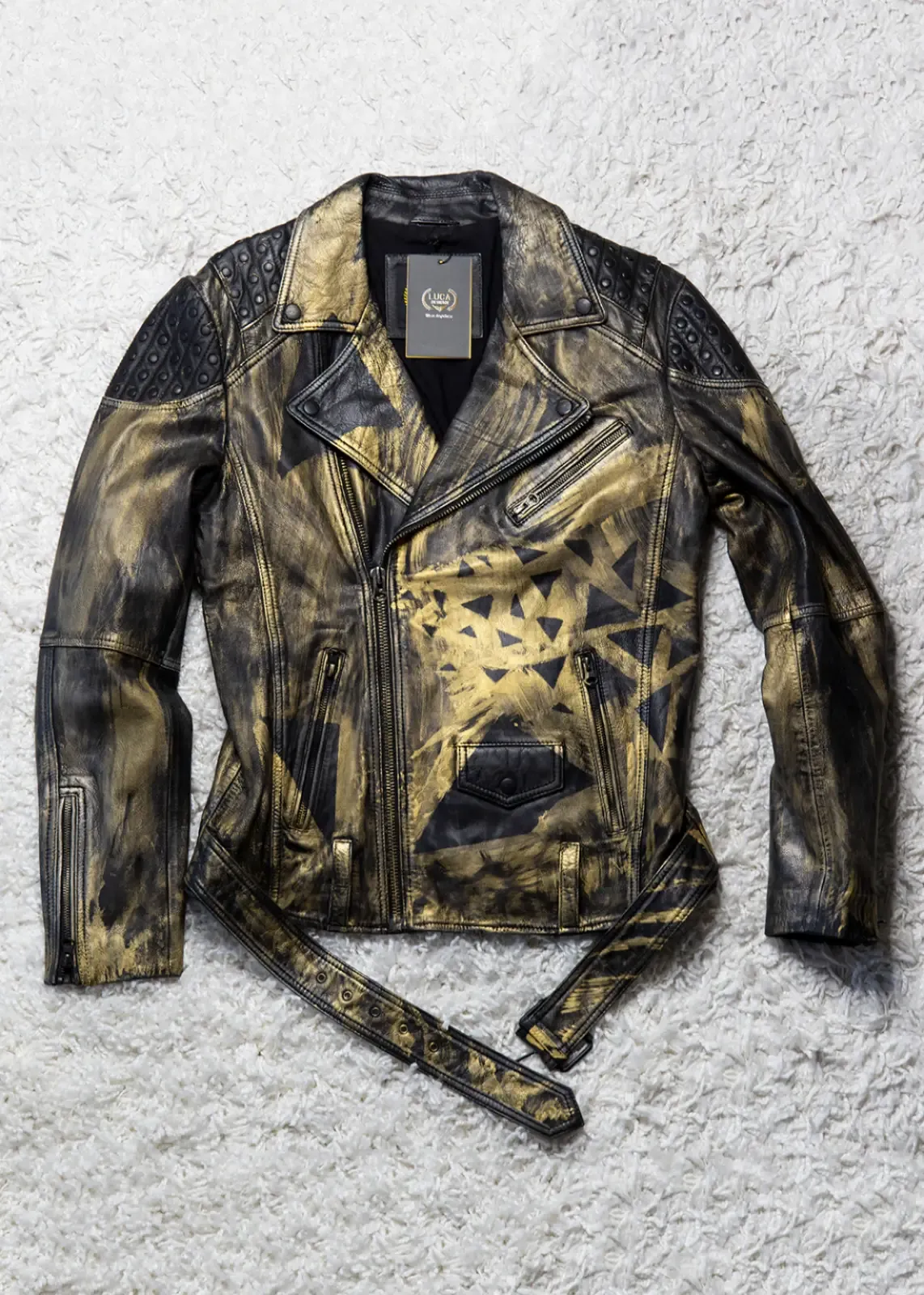 Buy Mens Hand-painted Gold Polygons Studded Motorcycle Leather Jacket