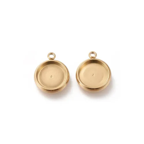 Cabochon Setting, 304 Stainless Steel, Pendant Base, Round, Gold, Ion Plated, Bezel Cup, Fits 10mm