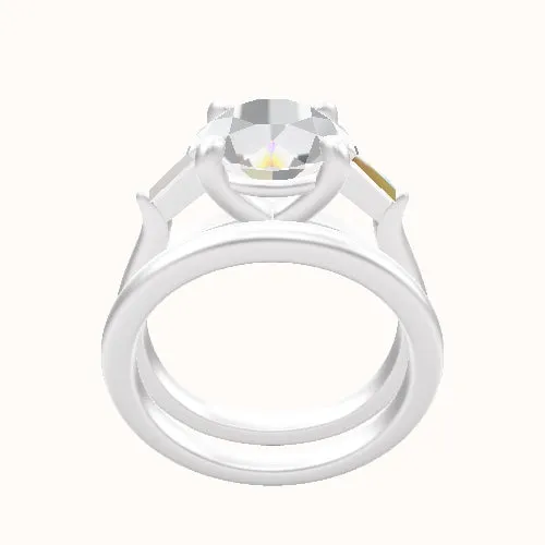 Cathedral Band with Tapered Baguette Sidestones Engagement Ring With Low Set Four Prong Head and Matching Band