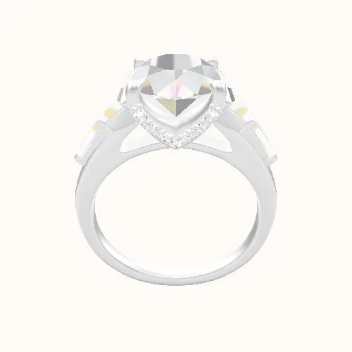 Cathedral Band with Trapezoid & Tapered Baguette Sidestones Engagement Ring With Pave V Prong Head