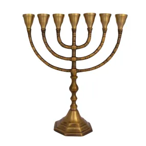 Classic Vintage Brass Gold Seven Branch Menorah Israel Gift 19cm/7.8 Décor Jewish Octagonal Base Pewter